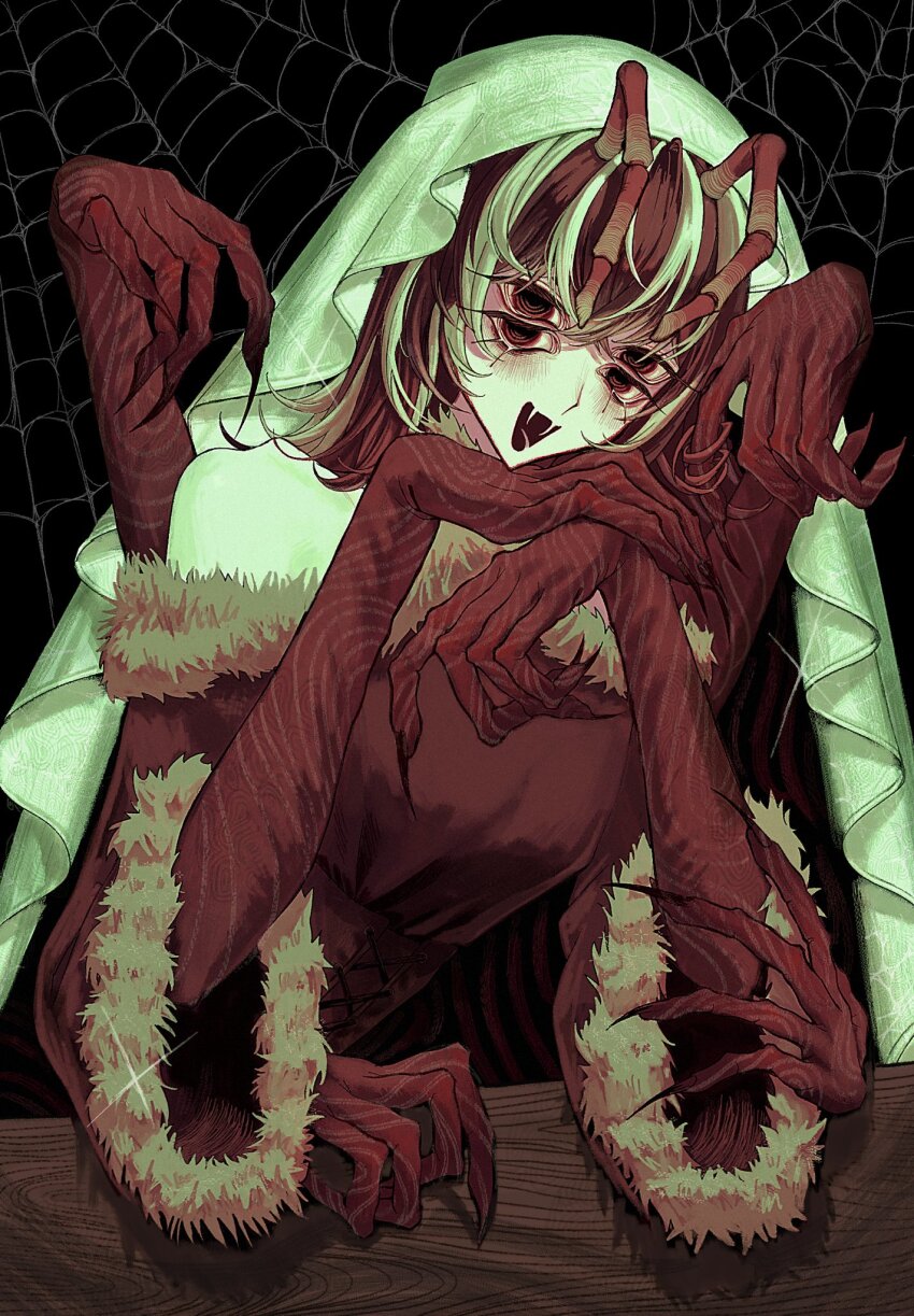 1girl, arachne, arthropod_girl, arthropod_limbs, douk1_1kigire, extra_eyes, highres, insect_girl, monster_girl, multiple_limbs, solo, spider_girl, taur