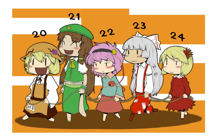 5girls, ^_^, aki_minoriko, aki_sandwich, aki_shizuha, apron, ascot, blonde_hair, blush_stickers, bow, braid, brown_hair, brown_skirt, chibi, closed_eyes, dress, eyeball, female_focus, food, fruit, fujiwara_no_mokou, grapes, green_skirt, hair_bow, hairband, hat, heart, hong_meiling, komeiji_satori, leaf, leaf_on_head, long_skirt, long_sleeves, maple_leaf, medium_dress, multiple_girls, navel, open_mouth, pink_hair, pink_skirt, red_dress, rope, side_slit, silver_hair, skirt, skirt_set, star_(symbol), suspender_skirt, suspenders, third_eye, touhou, twin_braids, walking, wrist_cuffs, zannen_na_hito