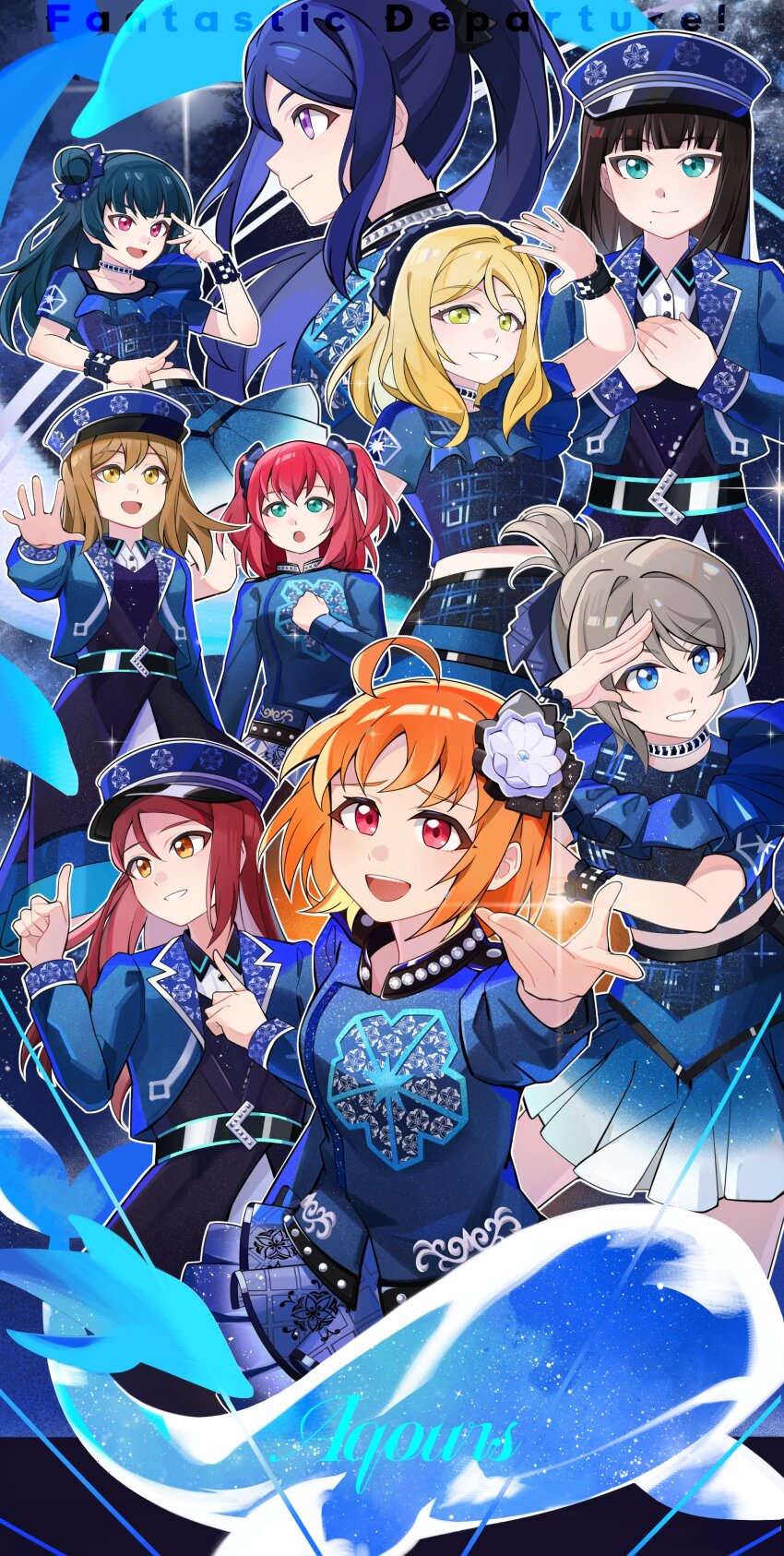 absurdres, achin_(putsi_2025), ahoge, alternate_costume, alternate_hairstyle, aqours_pirates_desire, belt, brown_hair, choker, coat, collared_shirt, dolphin, dress, everyone, fantastic_departure, feathers, flower, frills, from_side, gem, grey_hair, hair_bun, hair_flower, hair_ornament, hand_up, hands_up, hat, highres, idol, kunikida_hanamaru, kurosawa_dia, kurosawa_ruby, long_hair, long_sleeves, looking_at_another, looking_at_viewer, looking_to_the_side, love_live!, love_live!_sunshine!!, matsuura_kanan, midriff, multiple_girls, multiple_views, official_alternate_costume, official_alternate_hairstyle, ohara_mari, orange_hair, pearl_(gemstone), pink_hair, red_eyes, red_hair, sakurauchi_riko, salute, shirt, short_hair, short_sleeves, shorts, skirt, takami_chika, tsushima_yoshiko, watanabe_you