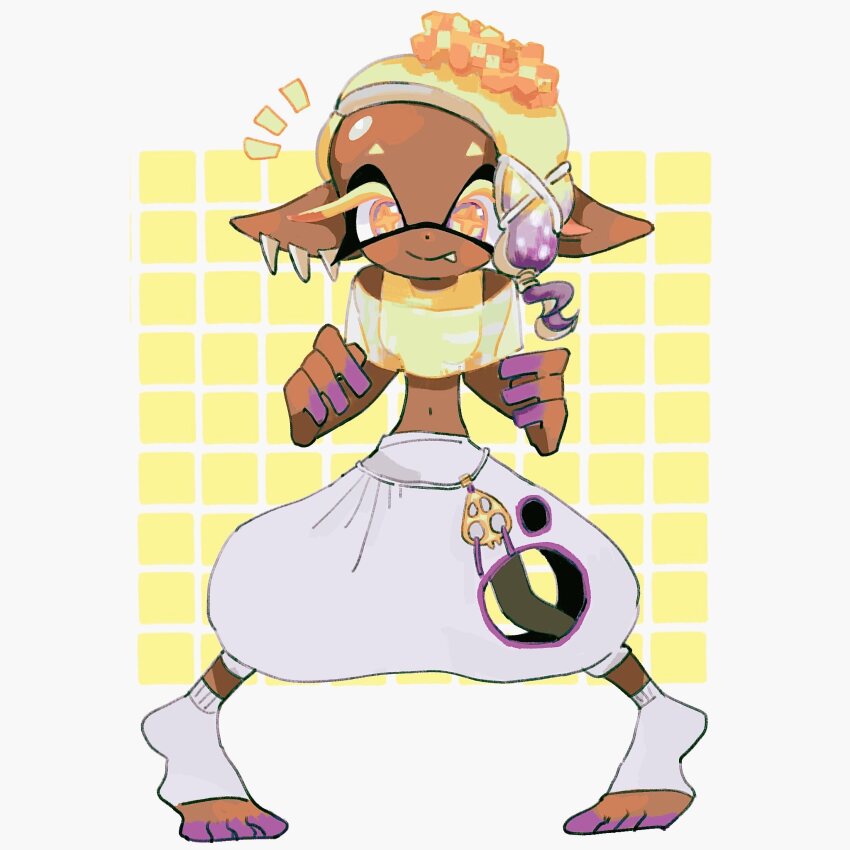 1girl, ^^^, aluy01, baggy_pants, blonde_hair, dark-skinned_female, dark_skin, fang