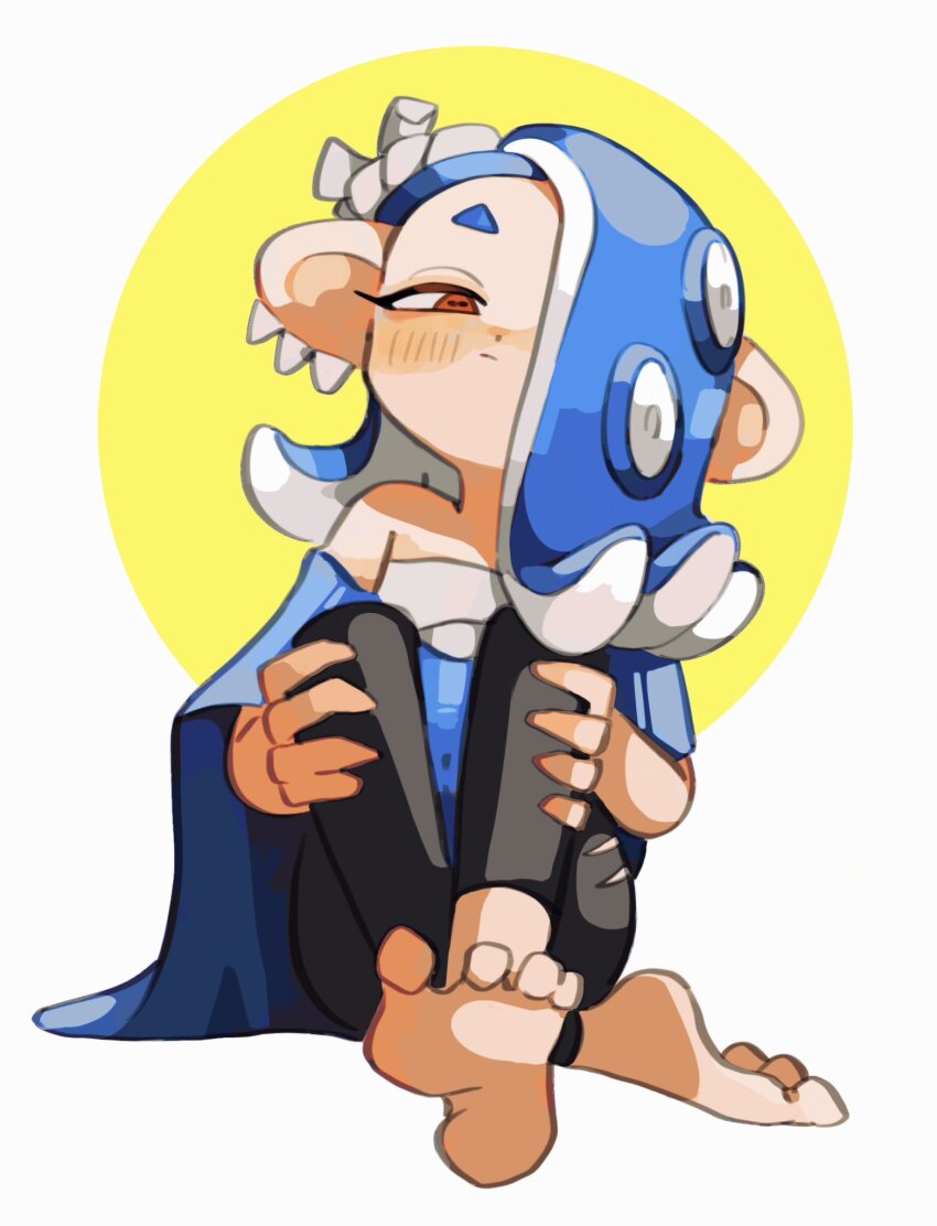 1girl, aluy01, barefoot, blue_hair, blush, capelet, chest_sarashi, foot_focus, highres, knees_up, nejiri_hachimaki, nintendo, octoling, red_eyes, sarashi, shiver_(deep_cut_outfit)_(splatoon), shiver_(splatoon), sitting, solo, splatoon_(series), splatoon_3, tentacle_hair, white_background