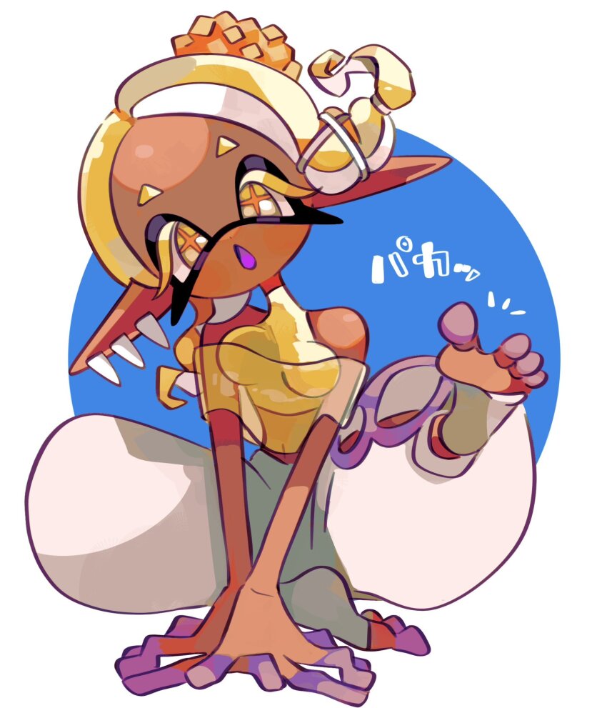 1girl, aluy01, baggy_pants, bare_shoulders, barefoot, breasts, capelet, ear_piercing, foot_focus, frye_(deep_cut_outfit)_(splatoon), frye_(splatoon), highres, inkling, japanese_text, looking_at_viewer, medium_breasts, nintendo, open_mouth, pants, piercing, pointy_ears, sitting, solo, splatoon_(series), splatoon_3, tentacle_hair, yellow_eyes