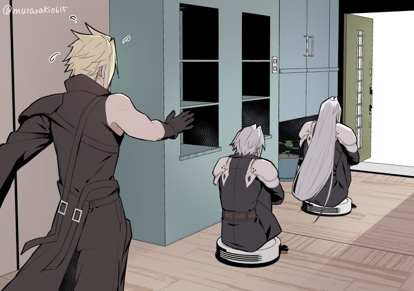 3boys, black_gloves, blonde_hair, cleaning, cleaning_robot, cloud_strife, crossed_arms, final_fantasy