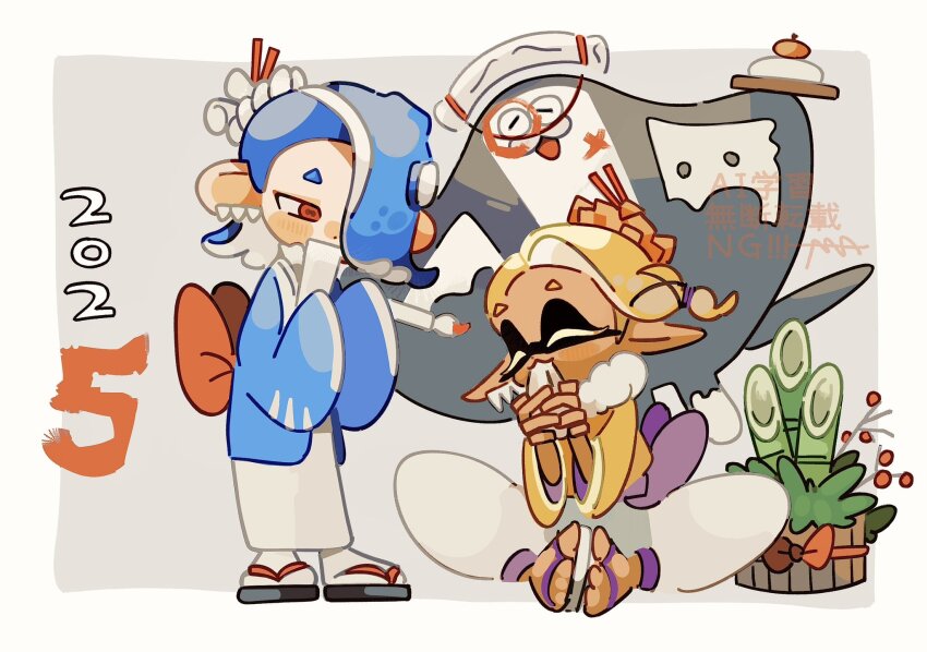 1boy, 2025, 2girls, alternate_costume, aluy01, baggy_pants, bamboo, big_man_(splatoon)
