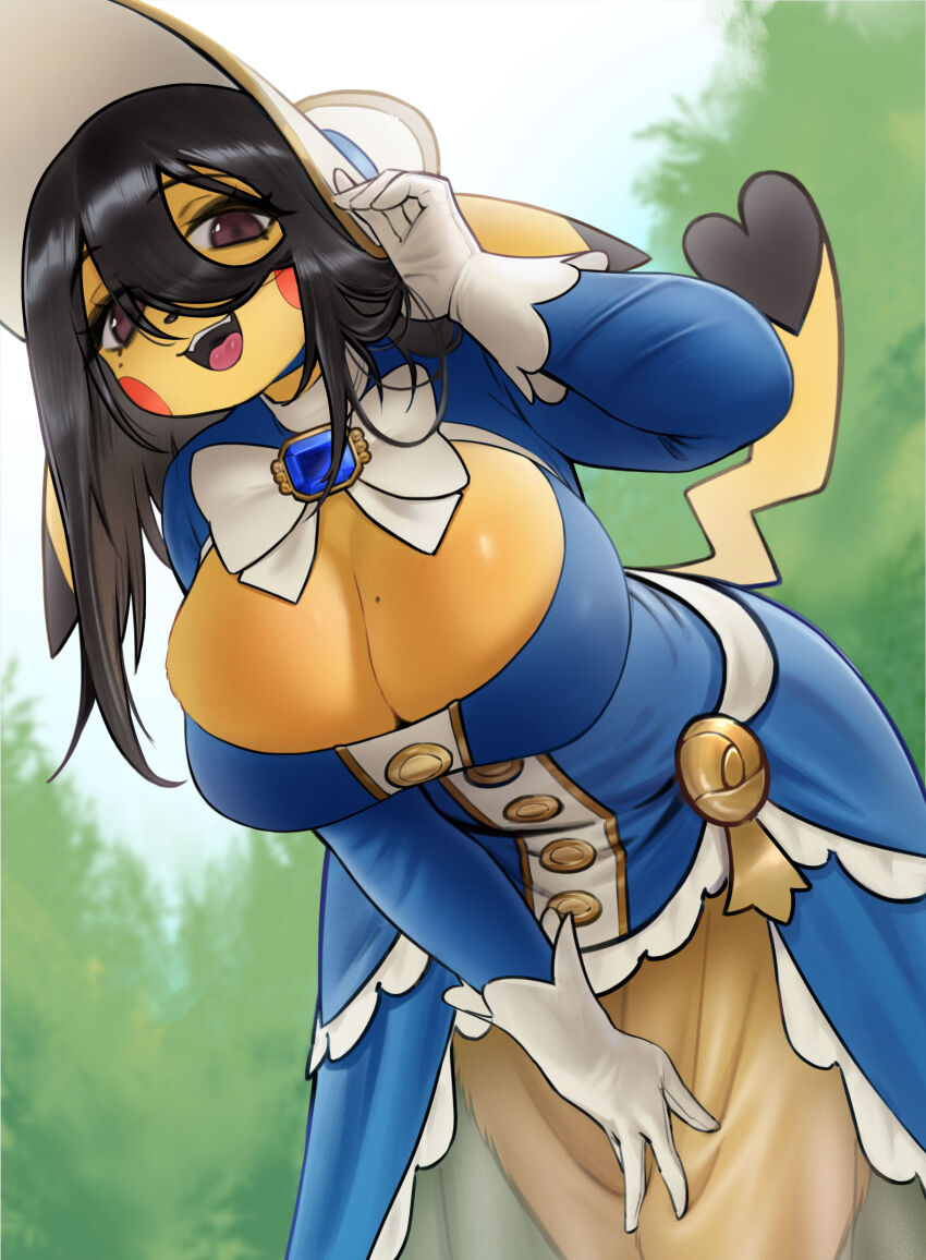 1girl, absurdres, animal_ears, azuu_(azuucookie), black_hair, blue_dress, blue_sky, blurry