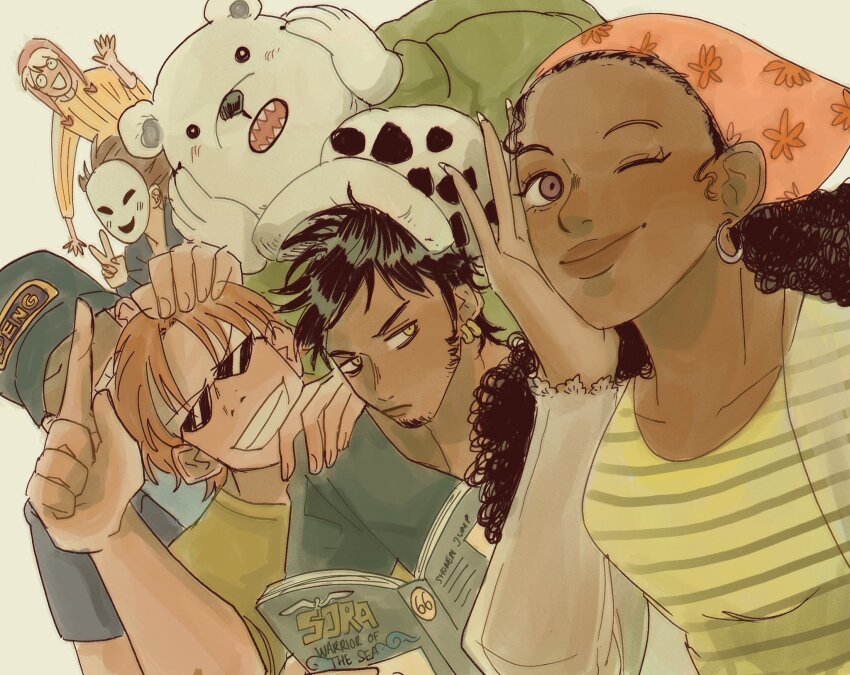 1girl, 5boys, avaxxah, bear, bepo_(one_piece), black_hair, book, brown_hair