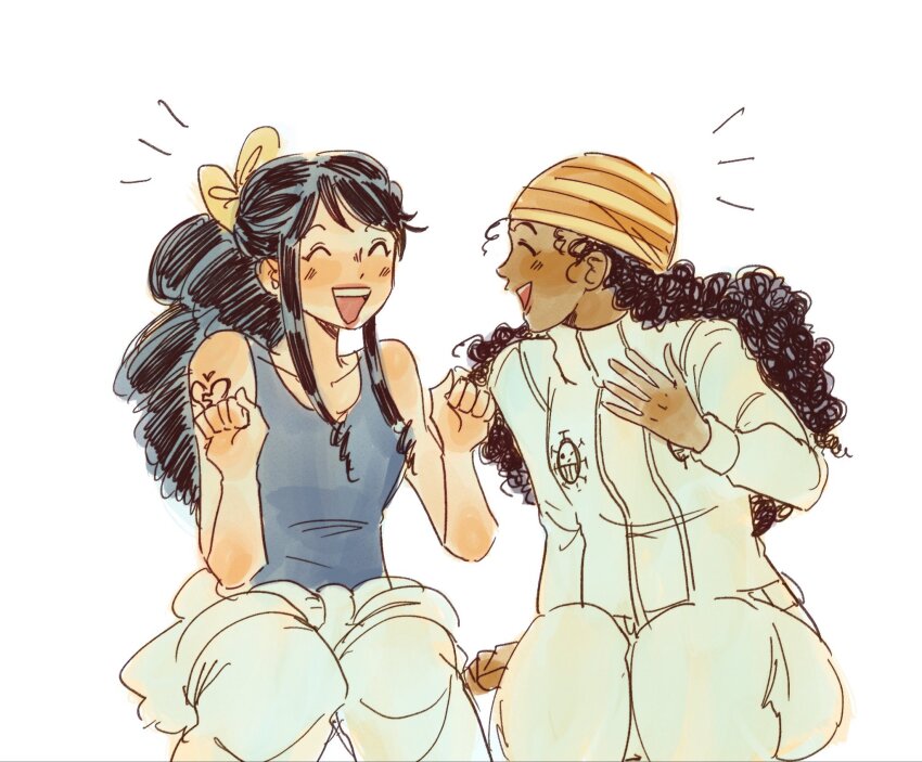 2girls, ^_^, avaxxah, baby_5, black_hair, blue_tank_top, closed_eyes, commentary