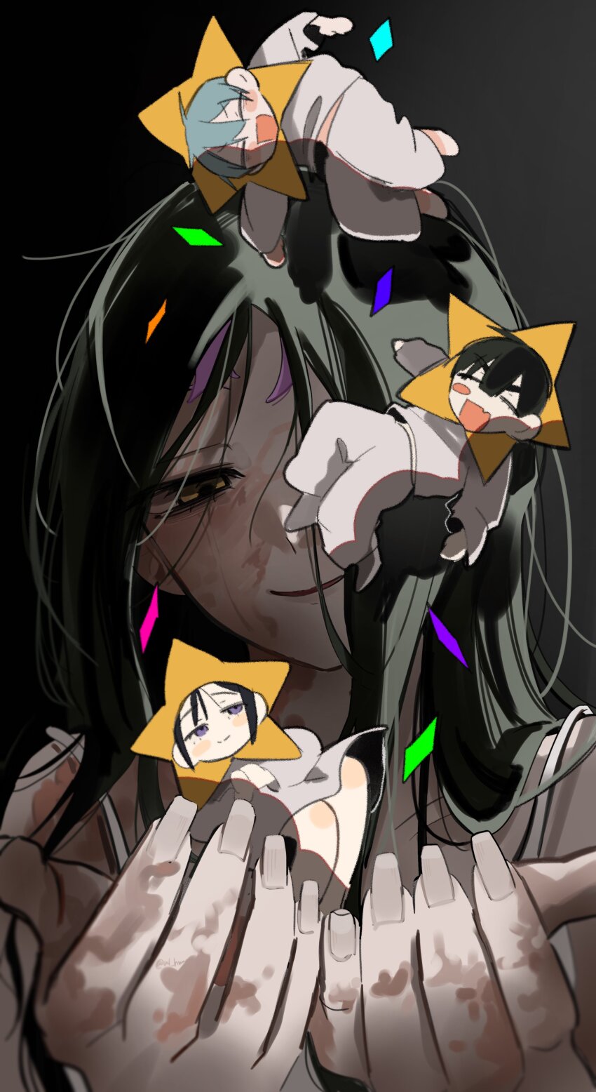2boys, 2girls, absurdres, alien_stage, black_hair, blush_stickers, burn_scar, closed_eyes