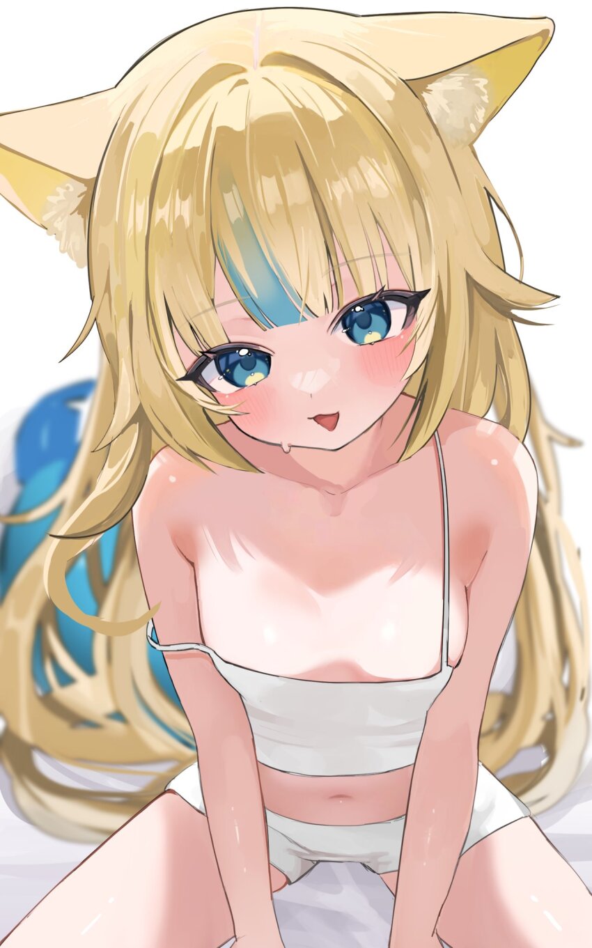 1girl, animal_ear_fluff, animal_ears, blonde_hair, blue_eyes, blush, breasts, camisole, cat_ears, closed_mouth, cowboy_shot, crop_top, from_above, haro_(1026_86), highres, indie_virtual_youtuber, loli, long_hair, looking_at_viewer, looking_up, micro_shorts, midriff, multicolored_hair, navel, no_bra, sameko_saba, shorts, simple_background, sitting, small_breasts, solo, spaghetti_strap, spread_legs, strap_slip, streaked_hair, tongue, tongue_out, virtual_youtuber, white_background, white_camisole, white_shorts