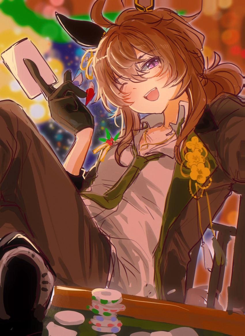 ahoge, animal_ears, blush, breasts, brown_hair, card, chair, collared_shirt