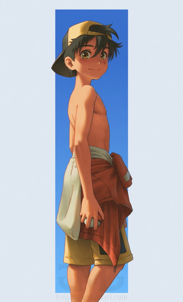 1boy, backwards_hat, black_hair, border, closed_mouth, clothes_around_waist, ethan_(pokemon), feet_out_of_frame, hat, jacket, jacket_around_waist, male_focus, nintendo, poke_ball, pokemon, pokemon_gold/silver/crystal, short_hair, shorts, solo, toned, toned_male, topless_male, treijim