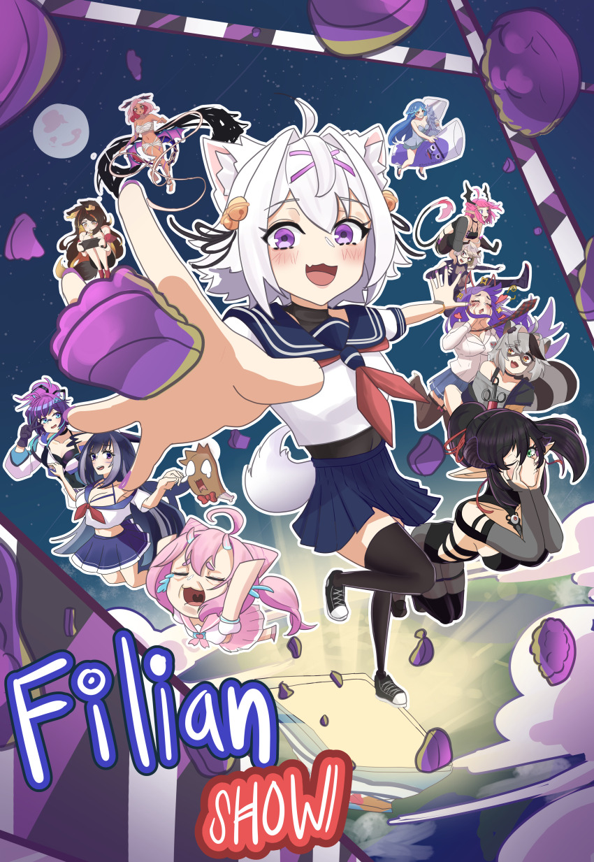 6+girls, :3, :o, =_=, absurdres, ahoge, akuma_nihmune, akuma_nihmune_(1st_costume), animal_ear_fluff, animal_ears, aqua_eyes, aqua_ribbon, arms_up, bao_the_whale, bao_the_whale_(1st_costume), barefoot, bell, black_bodysuit, black_bra, black_gloves, black_hair, black_ribbon, black_shoes, black_thighhighs, blaidd_the_half-wolf, blue_hair, blue_sailor_collar, blue_skirt, blush, body_pillow, bodysuit, bodysuit_under_clothes, bow, bowtie, bra, breasts, bright_pupils, brown_hair, camila_(cami_1.0)_(vtuber), camila_(vtuber), candy, cat_ears, cat_girl, cat_tail, character_name, chest_sarashi, chibidoki_(vtuber), chicken_(food), chicken_leg, cleavage, closed_eyes, collarbone, commentary, crying, dark-skinned_female, dark_skin, dress, drooling, drumsy, elbow_gloves, elden_ring, english_commentary, english_text, eyelashes, fang, filian_(vtuber), fingerless_gloves, food, foreshortening, full_moon, glasses, gloves, green_eyes, grey_dress, grey_gloves, grey_hair, grimace_(mcdonald's), hair_bell, hair_horns, hair_intakes, hair_ornament, hair_ribbon, handheld_game_console, hands_on_own_face, head_wings, heart, highres, holding, holding_handheld_game_console, holding_pillow, horns, indie_virtual_youtuber, jacket, layna_lazar, leap_frog, living_food, long_hair, mcdonald's, medium_hair, melody_(projektmelody), melody_(projektmelody)_(4th_costume), midriff, moon, mouth_drool, multicolored_hair, multiple_girls, navel, neckerchief, o3o, o_o, one_eye_closed, open_clothes, open_jacket, open_mouth, orange_eyes, orange_hair, outline, outstretched_arm, perspective, pillow, pink_hair, pink_neckerchief, pink_sailor_collar, pink_shoes, pink_skirt, pointy_ears, ponytail, purple_eyes, purple_hair, raccoon_ears, raccoon_girl, raccoon_tail, reaching, red_bow, red_bowtie, red_eyes, red_neckerchief, red_ribbon, ribbon, sailor_collar, sarashi, saruei_(vtuber), school_uniform, second-party_source, serafuku, shirt, shoes, short_sleeves, shou_furuhashi, shylily, shylily_(1st_costume), sidelocks, sinder_(old_design)_(vtuber), sinder_(vtuber), skin_fang, skirt, smile, snuffy_(1st_costume)_(vtuber), snuffy_(vtuber), star_(sky), tail, tearing_up, tears, teeth, thighhighs, trickywi, twintails, two-tone_hair, underwear, upper_teeth_only, v, v-shaped_eyebrows, virtual_youtuber, vshojo, white_hair, white_jacket, white_outline, white_pupils, white_shirt, wings, wolf_ears, wolf_girl, wolf_tail, wrinkled_skin, yellow_eyes