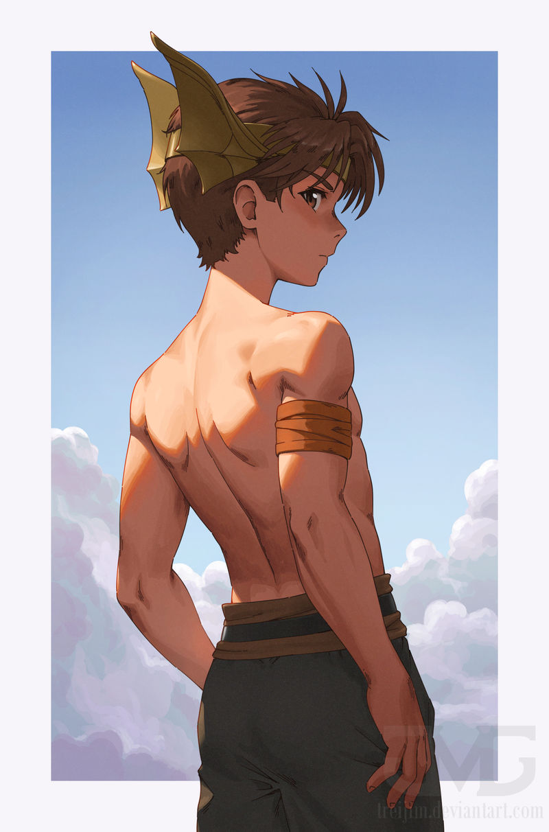1boy, armband, back, border, brown_hair, closed_mouth, cloud, cloudy_sky