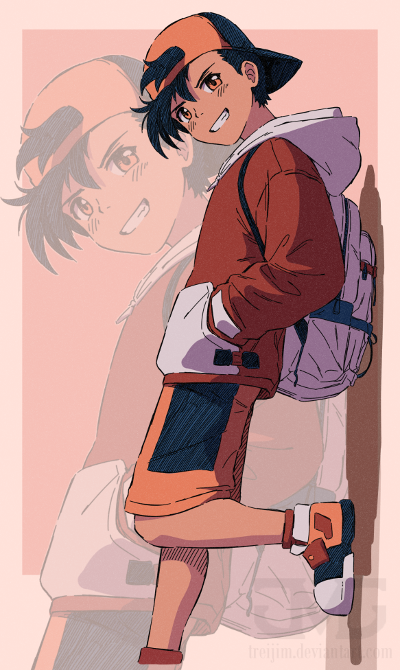 1boy, backpack, backwards_hat, bag, baseball_cap, black_hair, border, ethan_(pokemon)