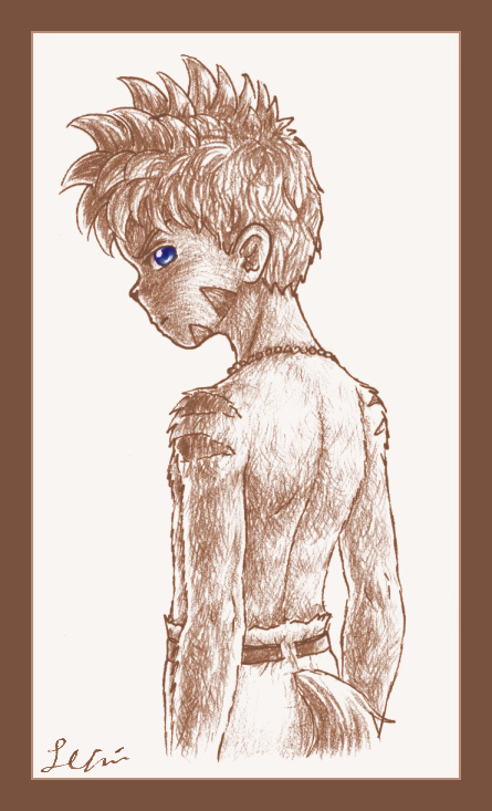 1boy, back, belt, blue_eyes, body_fur, border, closed_mouth, jewelry