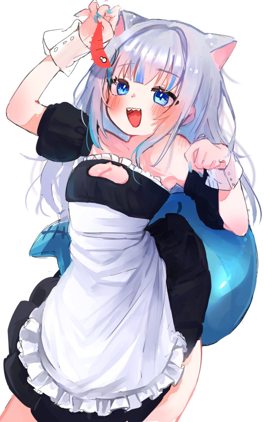 1girl, animal_ears, apron, black_dress, blue_eyes, blush, breasts, cat_cutout