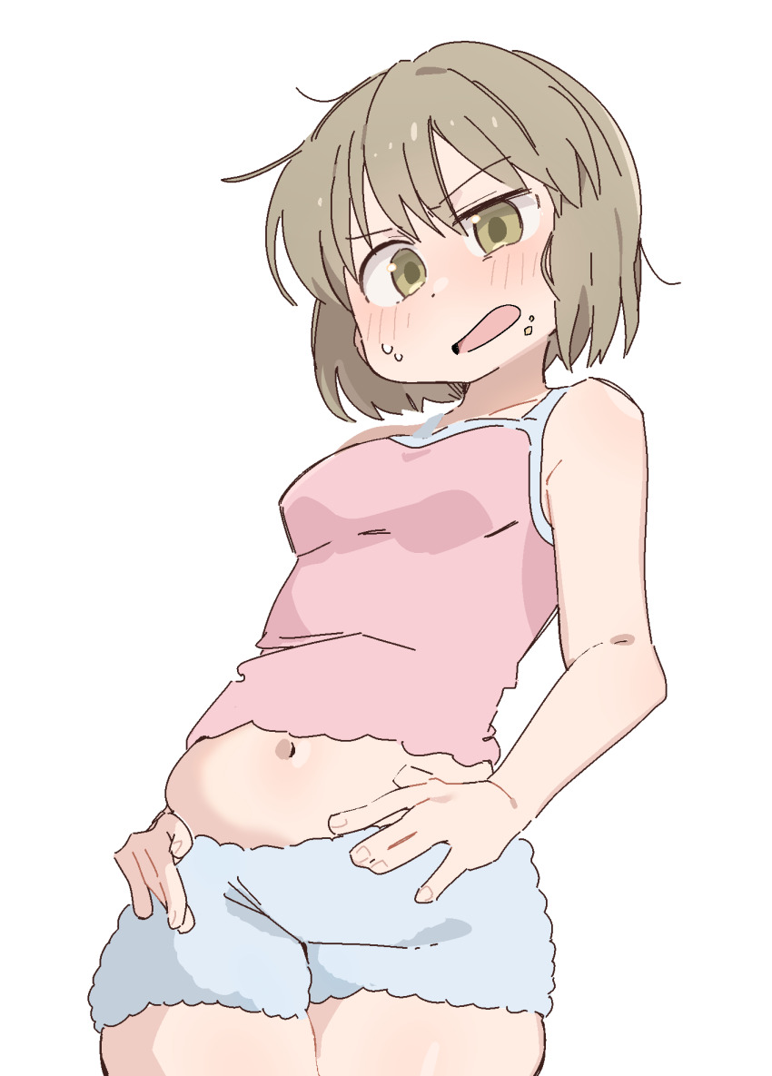 1girl, bare_shoulders, blonde_hair, blush, breasts, camisole, city_(arawi_keiichi), collarbone, dot_nose, food, food_on_face, from_below, green_eyes, highres, looking_at_stomach, medium_breasts, navel, niikura_(city), open_mouth, pink_camisole, plump, shorts, simple_background, solo, stomach, sweat, thighs, white_background, white_shorts, wichimi