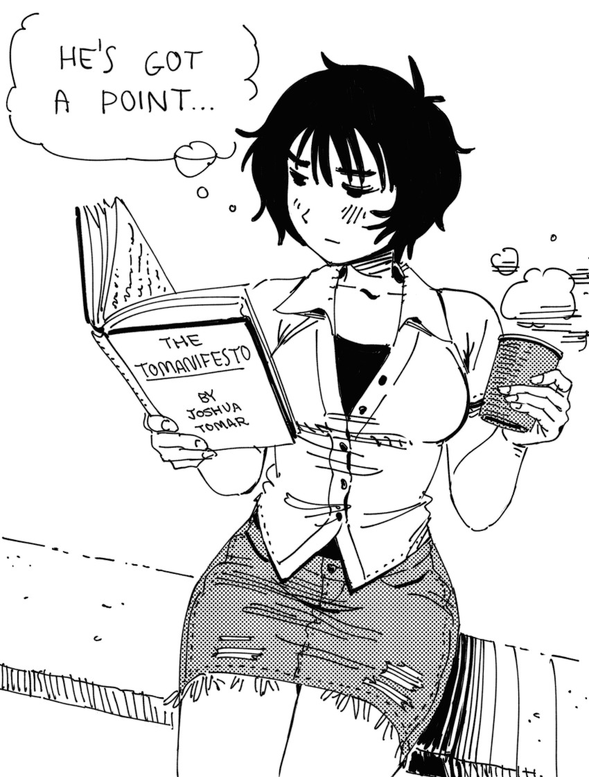 1girl, absurdres, black_eyes, black_hair, book, collared_shirt, commentary, cup, denim, denim_skirt, disposable_cup, english_commentary, english_text, greyscale, halftone, heidi_(heytherenrds), highres, holding, holding_book, holding_cup, looking_down, looking_to_the_side, madeline_(heytherenrds), monochrome, oneyplays, original, reading, shirt, short_hair, short_sleeves, sitting, skirt, solo, speech_bubble, steam, thought_bubble
