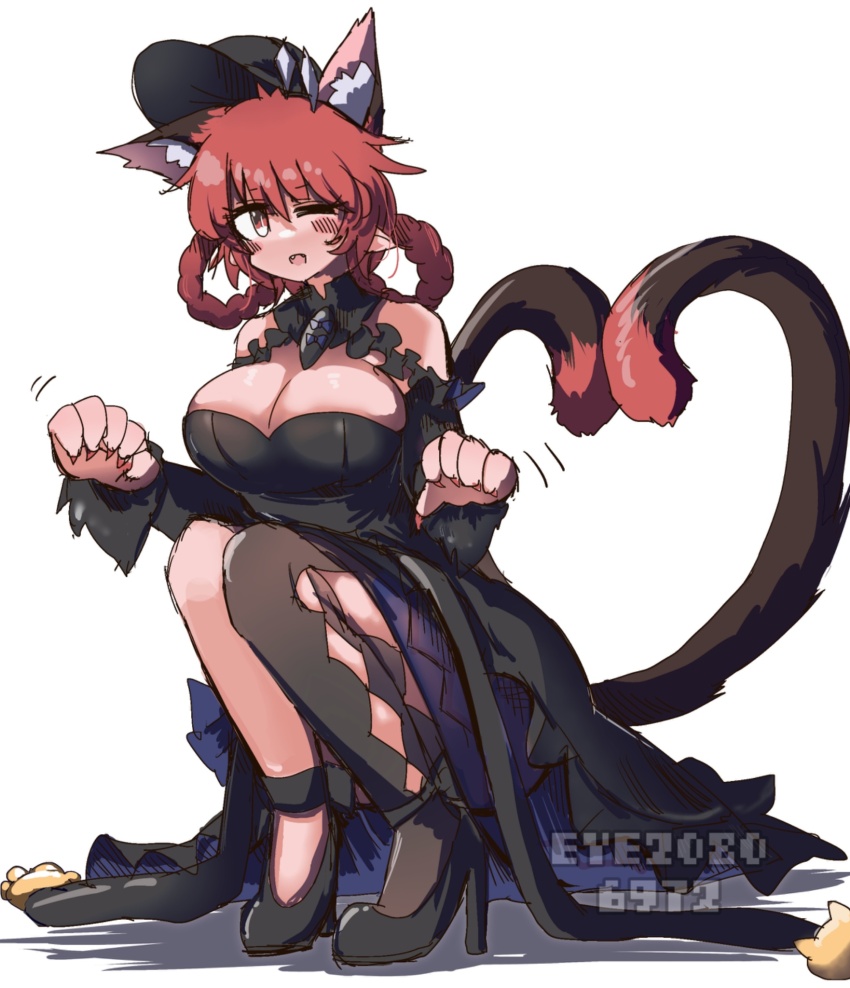 1girl, animal_ear_fluff, artist_name, bare_shoulders, black_dress, black_hat, black_shoes, black_thighhighs, blush, braid, breasts, cat_girl, cat_tail, cleavage, clothing_cutout, commentary, dress, extra_ears, eye20806972, full_body, hat, heart, heart_tail, heart_tail_duo, high_heels, highres, kaenbyou_rin, kaenbyou_rin_(pikara_flame), large_breasts, looking_at_viewer, multiple_tails, one_eye_closed, open_mouth, pointy_ears, red_eyes, red_hair, red_nails, shoes, single_thighhigh, sitting, solo, tail, thighhighs, touhou, touhou_lostword, twin_braids, two_tails