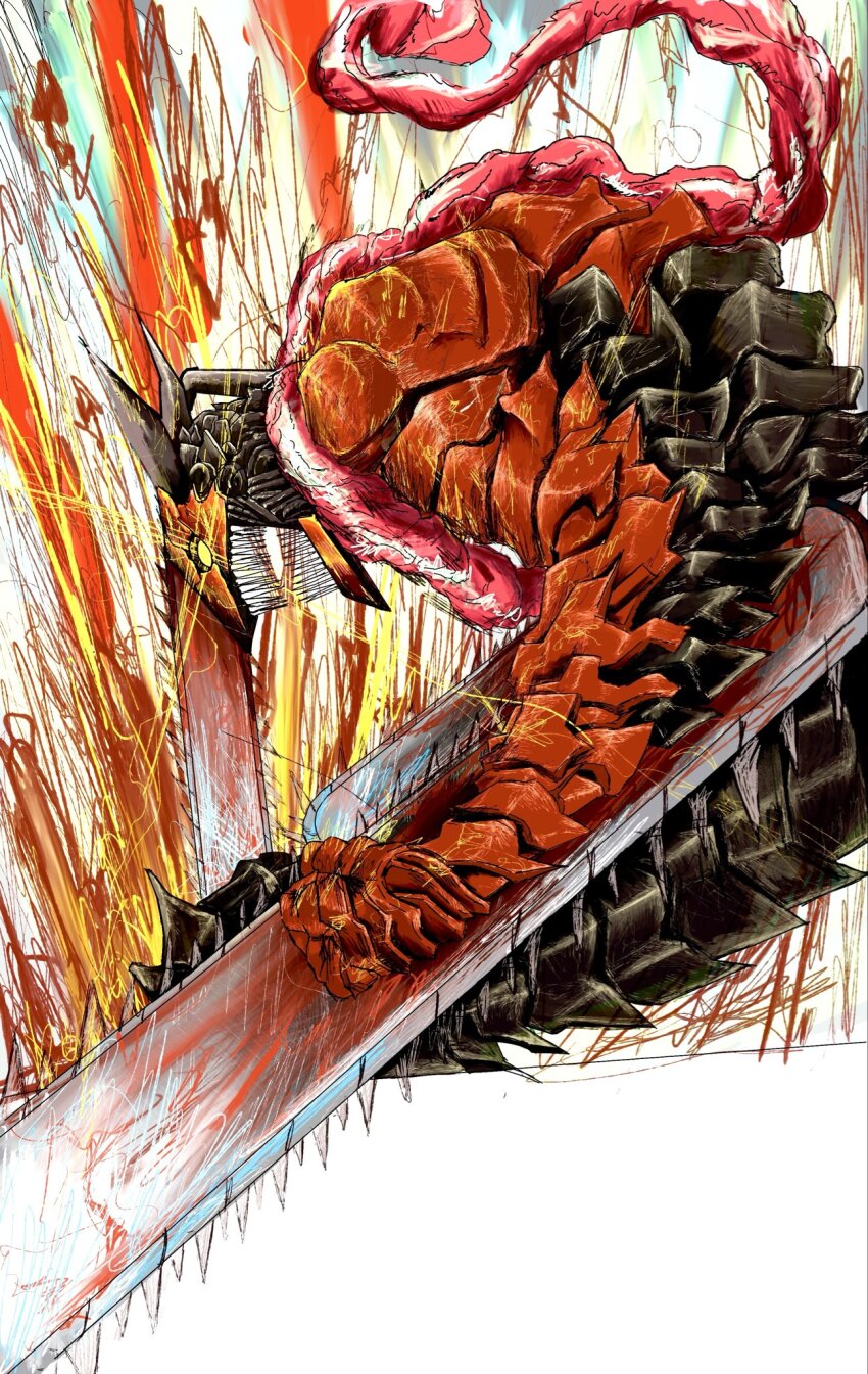 1boy, blood, chainsaw, chainsaw_man, denji_(chainsaw_man), denji_man_(chainsaw_man), facing_to_the_side, fr1end_0