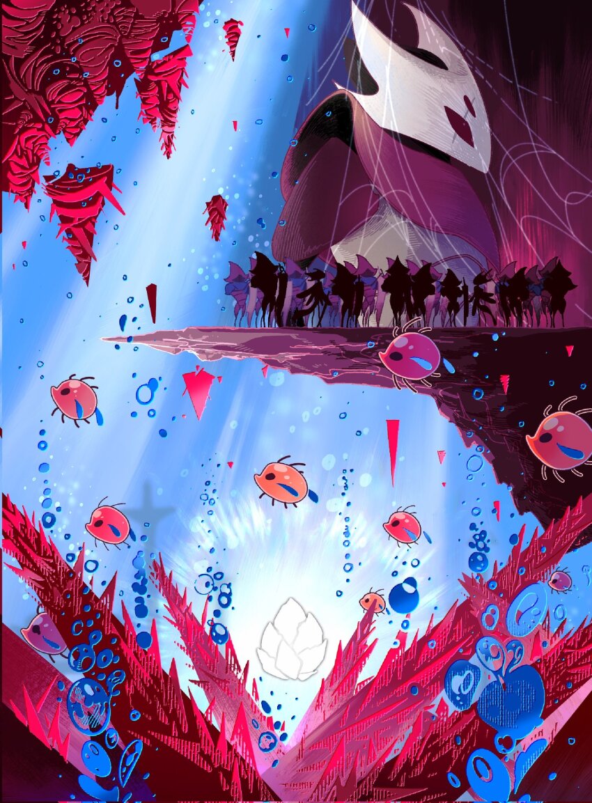 1boy, 6+others, abstract_background, armor, arthropod_boy, black_background, blue_background, blue_scarf, bubble, cliff, colored_skin, crust_king_khann_(hollow_knight), diymivokin, extra_eyes, facing_to_the_side, falling_rock, flower, glowing_flower, gradient_background, grey_skin, helmet, highres, holding, holding_sword, holding_weapon, hollow_eyes, hollow_knight, hollow_knight:_silksong, horned_mask, kai_(hollow_knight), kakri_(hollow_knight), karaka_(hollow_knight), light_rays, looking_at_another, looking_to_the_side, mask, mature_male, multiple_others, orange_skin, pauldrons, pink_armor, pink_background, pink_helmet, pink_skin, planted, planted_sword, planted_weapon, red_skin, scar, scar_across_eye, scar_on_face, scarf, shoulder_armor, silhouette, silk, spider_web, spikes, statue, steelspine_kai_(hollow_knight), sword, two-tone_background, underwater, water, weapon, white_flower, white_mask, wings