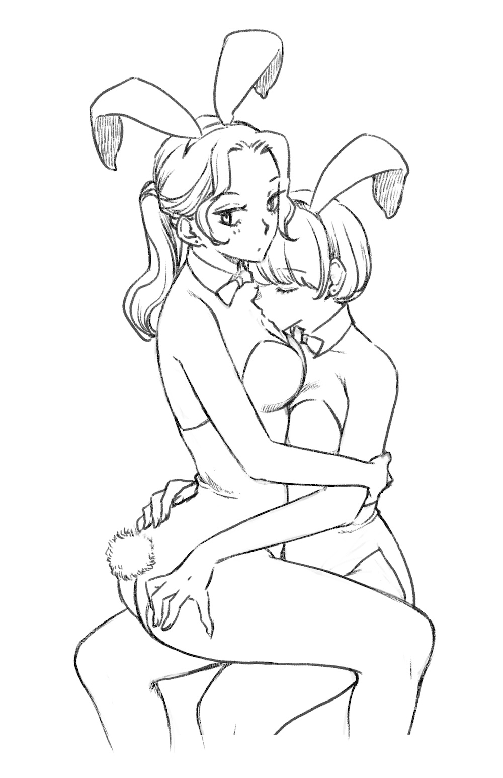 2girls, akiyama_haru, animal_ear_hairband, animal_ears, ass, bob_cut, bow, bowtie