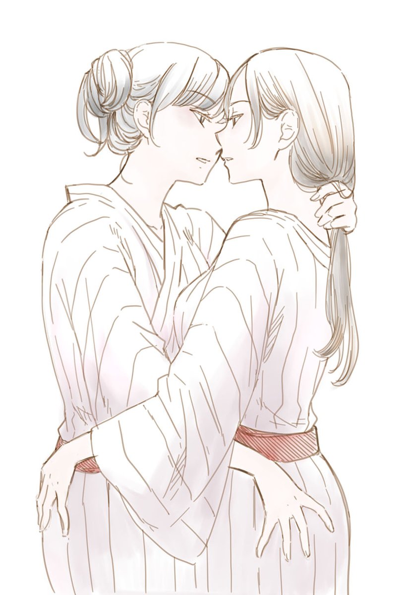 2girls, akiyama_haru, bath_yukata, bunching_hair, eye_contact, from_side, hair_bun, hand_on_another's_hip