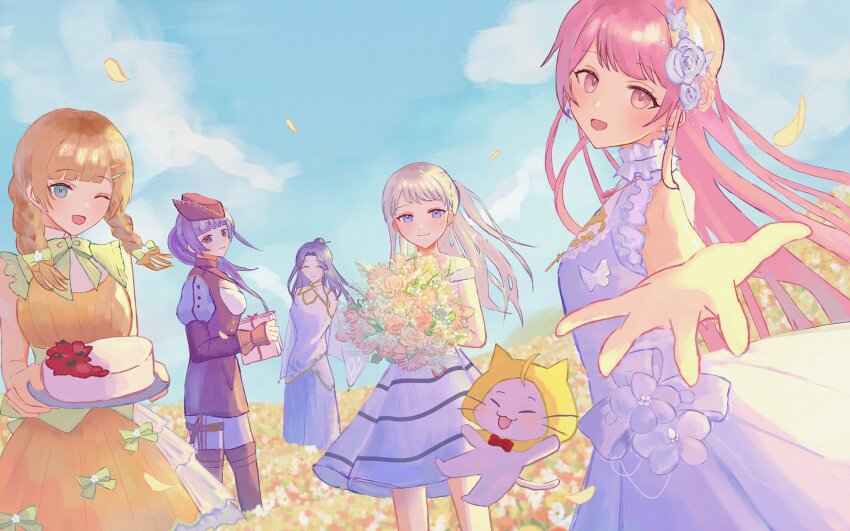 5girls, ^_^, ace_(miracle_nikki), ahoge, animal, animal_print, arms_behind_back, bare_arms, bare_shoulders, belt, belt_buckle, birthday, black_belt, blue_dress, blue_eyes, blue_gem, blue_sky, bobo_(miracle_nikki), boots, bouquet, bow, bowtie, bra_strap, braid, brown_boots, brown_dress, brown_hair, brown_hat, buckle, butterfly_hair_ornament, butterfly_print, cake, cat, china_dress, chinese_clothes, choker, cleavage_cutout, cloak, closed_eyes, closed_mouth, clothed_animal, clothing_cutout, cloud, collared_shirt, commentary_request, corset, cowboy_shot, daisy_(flower), day, dot_nose, dress, dress_bow, ear_covers, earrings, eyelashes, eyeliner, field, floating_hair, flower, flower_field, food, frilled_choker, frilled_dress, frills, fruit, full_body, gem, gift, gold_buttons, green_bow, green_bowtie, green_corset, grey_hair, hair_bow, hair_flower, hair_ornament, hair_over_shoulder, hairclip, hairpin, happy, hat, high_collar, highres, holding, holding_bouquet, holding_gift, holding_plate, hood, hood_up, hooded_cloak, iui_xox, jewelry, juliet_sleeves, kimi_(miracle_nikki), light_blush, long_dress, long_hair, long_sleeves, lunar_(miracle_nikki), makeup, miracle_nikki, momo_(nikki), multiple_girls, nikki_(nikki), nikki_(series), off-shoulder_dress, off_shoulder, offering_hand, one_eye_closed, open_mouth, orange_dress, outdoors, parallel_hairclips, petals, pink_eyeliner, pink_eyes, pink_flower, pink_hair, pink_rose, plate, pleated_dress, ponytail, print_dress, puffy_sleeves, purple_eyes, purple_hair, red_bow, red_bowtie, rose, shirt, shirt_under_dress, short_dress, short_sleeves, sky, sleeveless, sleeveless_dress, sleeveless_shirt, smile, strawberry, striped_clothes, striped_dress, studded_belt, thigh_belt, thigh_boots, thigh_strap, topknot, traditional_bowtie, twin_braids, two-tone_dress, two-tone_sleeves, very_long_hair, waist_bow, whiskers, white_bow, white_cat, white_choker, white_dress, white_flower, white_rose, white_shirt, wind, yellow_cloak