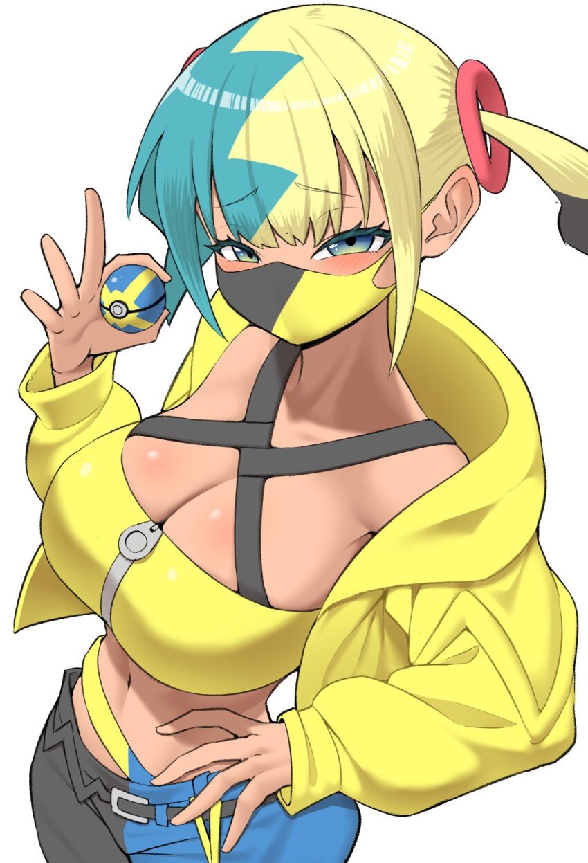 1girl, alternate_breast_size_(larger), black_mask, blonde_hair, blue_eyes, blue_hair, blush, breasts