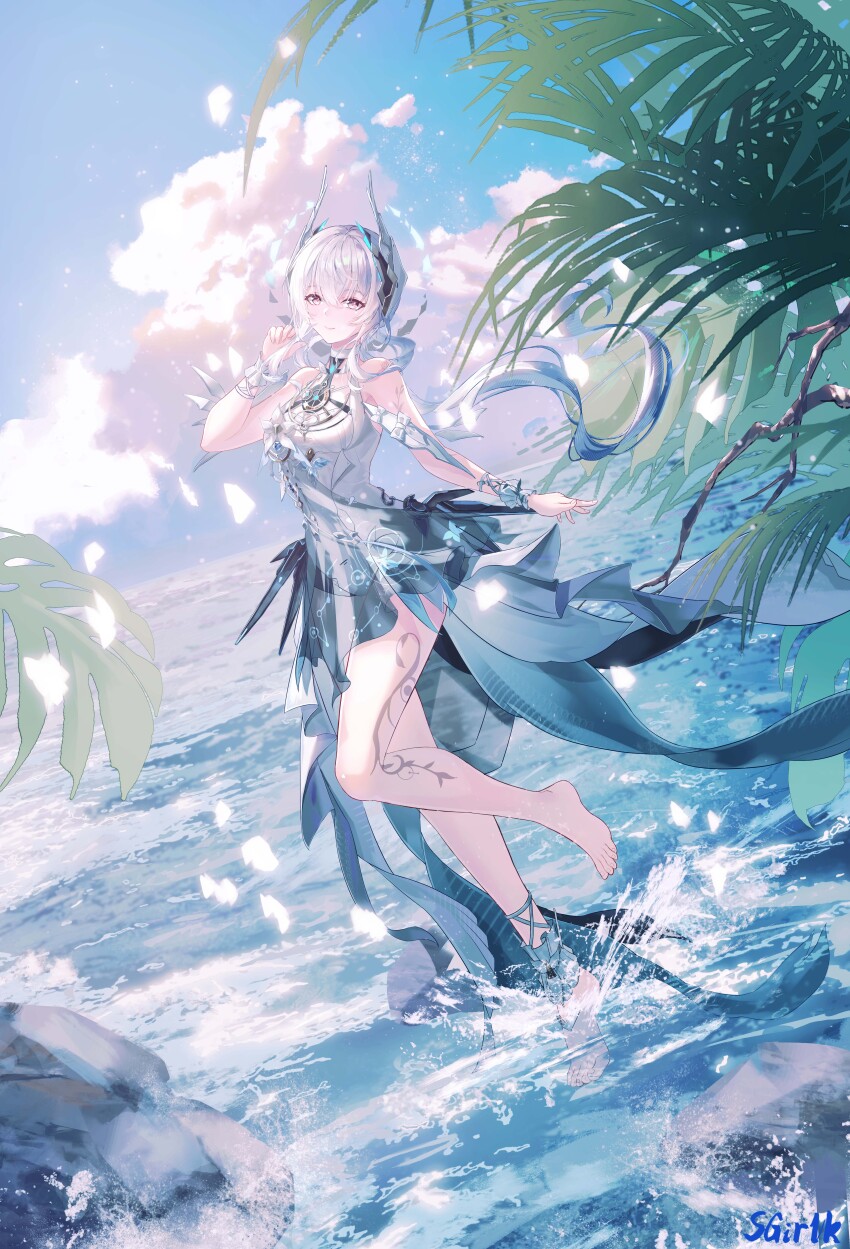 1girl, absurdres, arm_tattoo, bare_shoulders, barefoot, blue_sky, bow, branch, breasts, caustics, chinese_commentary, cloud, commentary_request, dress, feet, fingernails, floating_hair, flower, flower_tattoo, frills, full_body, hair_between_eyes, hand_up, headgear, high-low_dress, highres, holding, holding_own_hair, in_water, leaf, leg_tattoo, lily_(flower), liv:_limpidity_(pgr), liv_(pgr), long_hair, looking_at_viewer, medium_breasts, partial_commentary, pink_eyes, punishing:_gray_raven, ripples, rock, scenery, sgirlk, showgirl_skirt, sidelocks, single_ankle_cuff, sky, smile, solo, standing, standing_on_one_leg, tattoo, tree, white_bow, white_dress, white_flower, white_hair, white_wrist_cuffs, wrist_cuffs