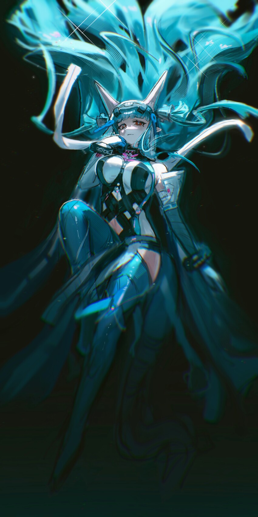 1girl, absurdres, arknights, arknights:_endfield, bare_shoulders, bell, blue_gloves, blue_hair, breasts, brown_eyes, closed_mouth, clothing_cutout, commentary, detached_sleeves, english_commentary, full_body, gloves, hair_bell, hair_ornament, hand_up, highres, last_rite_(arknights), leotard, long_hair, long_sleeves, looking_at_viewer, pointy_ears, sakiyo, smile, solo, very_long_hair, wide_shot