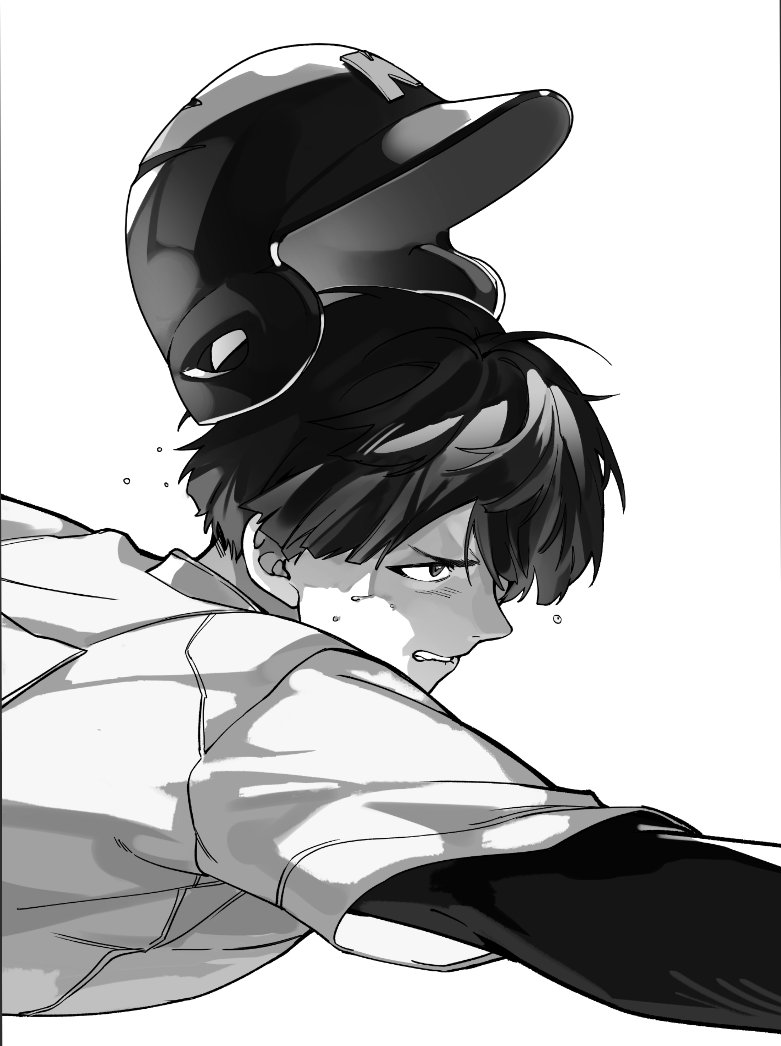 1boy, 999993nine, baseball, baseball_helmet, baseball_uniform, blush, boukyaku_battery, character_request