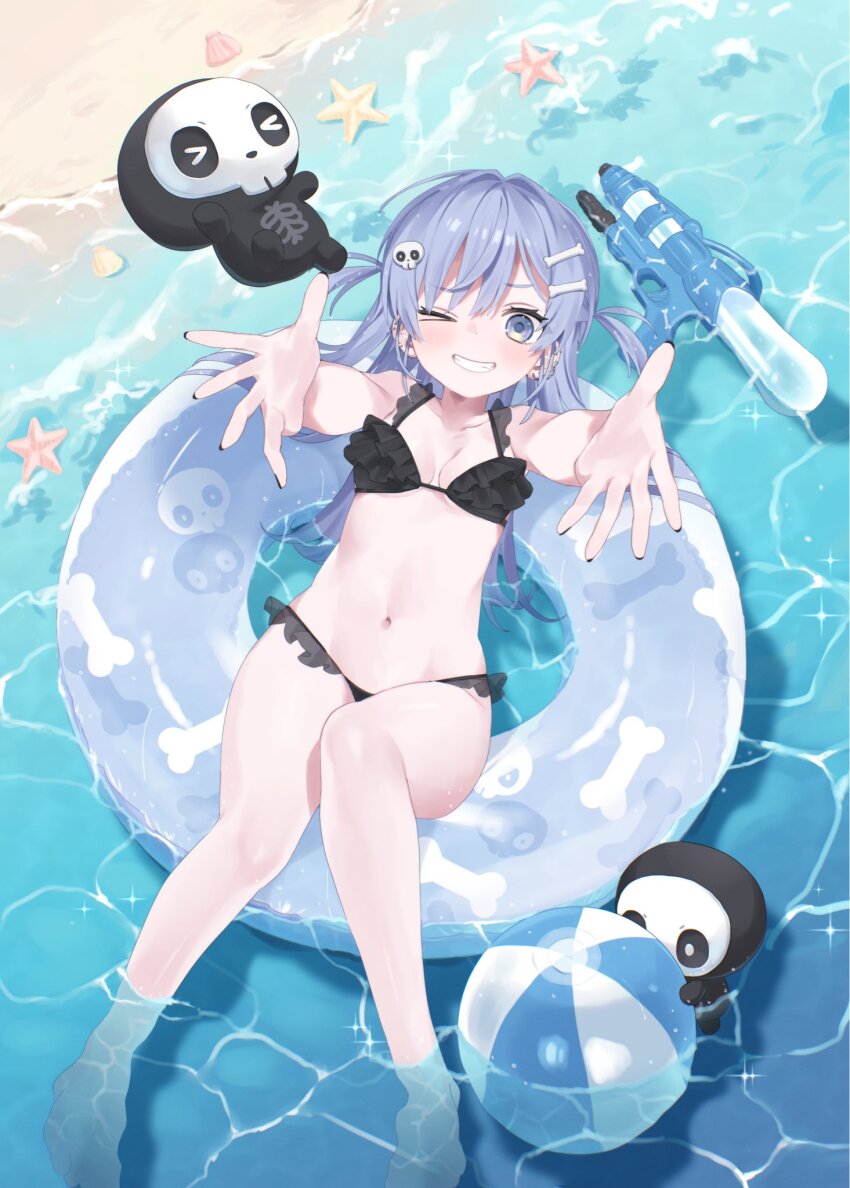1girl, ball, beach, beachball, bikini, black_bikini, blue_eyes, blue_hair, bone_hair_ornament, breasts, full_body, grin, hair_ornament, hairclip, highres, long_hair, navel, ocean, on_innertube, one_eye_closed, outdoors, outstretched_arms, outstretched_hand, riia_(riiakun), small_breasts, smile, solo, stomach, stuffed_toy, swimsuit, two_side_up, virtual_youtuber, vspo!, water_gun, yano_kuromu