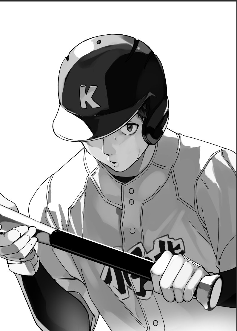 1boy, 999993nine, baseball, baseball_bat, baseball_helmet, baseball_uniform, boukyaku_battery, character_request