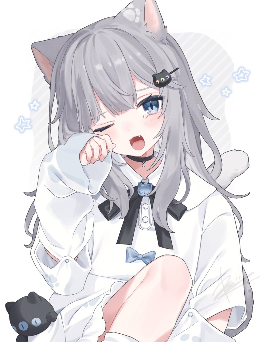 1girl, animal_ears, black_ribbon, blue_eyes, cat_ears, cat_girl, cat_hair_ornament, cat_tail
