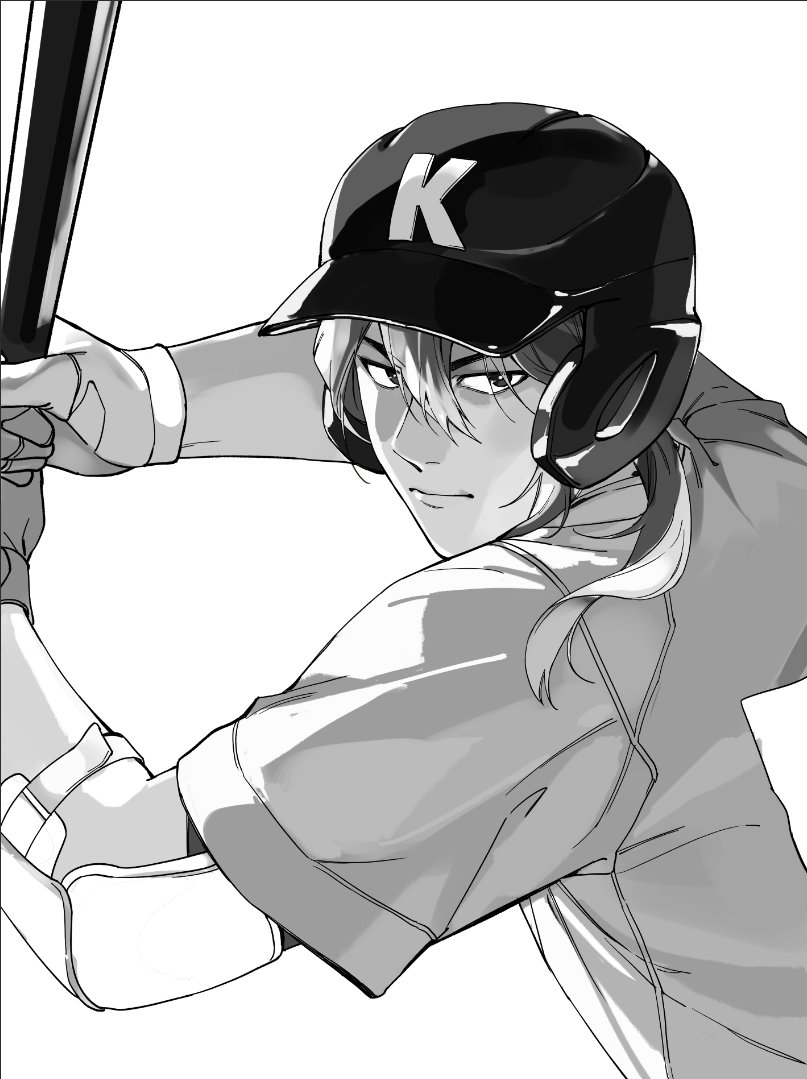 1boy, 999993nine, baseball, baseball_bat, baseball_helmet, baseball_uniform, boukyaku_battery, closed_mouth