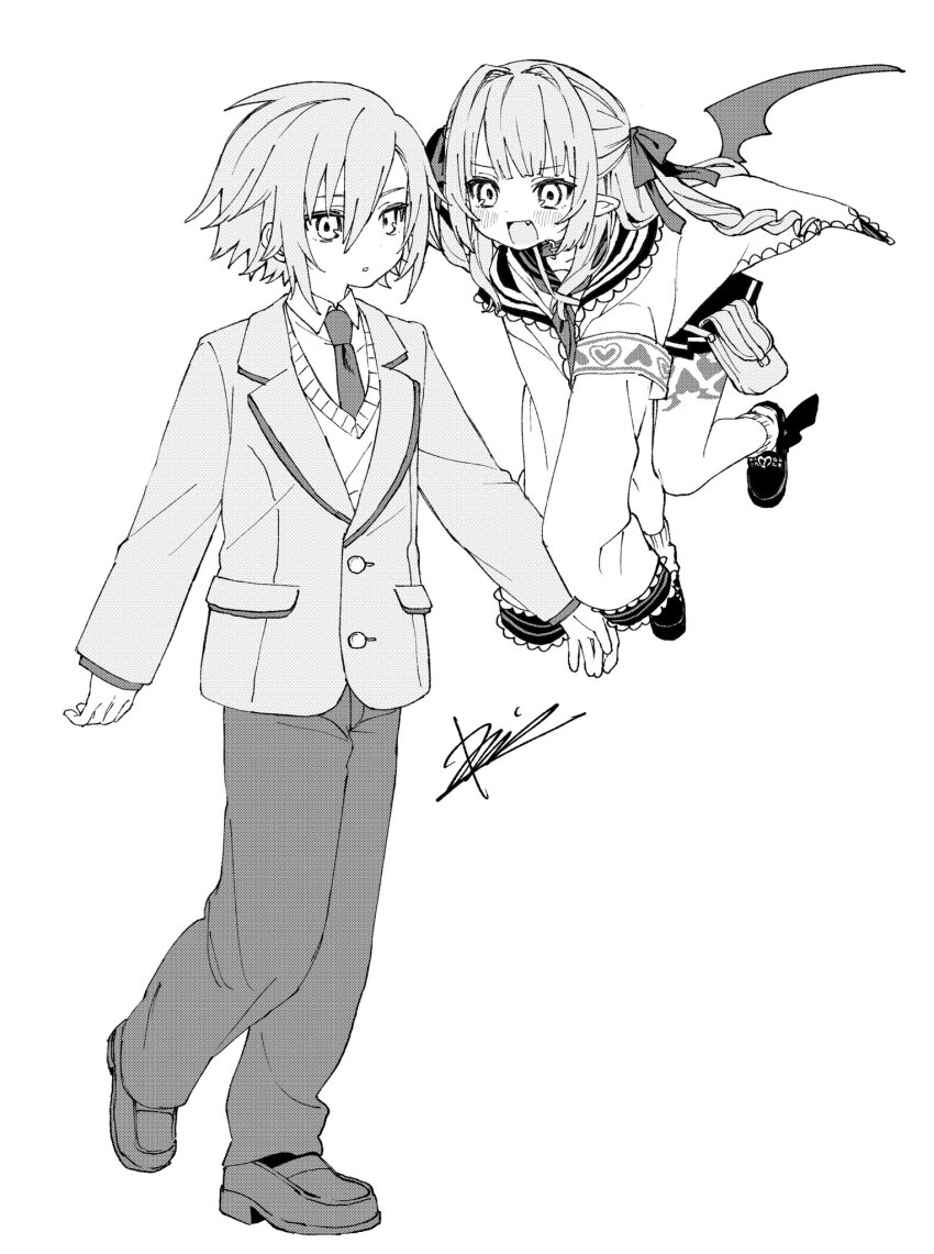 1boy, 1girl, armband, blazer, collared_shirt, demon_wings, flying, full_body, greyscale, hair_between_eyes, hair_intakes, highres, jacket, lapels, loafers, long_hair, makaino_ririmu, monochrome, necktie, nijisanji, pants, riia_(riiakun), school_uniform, serafuku, shirt, shoes, short_hair, simple_background, sleeves_past_fingers, sleeves_past_wrists, smile, tattoo, two_side_up, uzuki_kou, uzuki_kou_(3rd_costume), virtual_youtuber, white_background, winged_heart, winged_heart_tattoo, wings