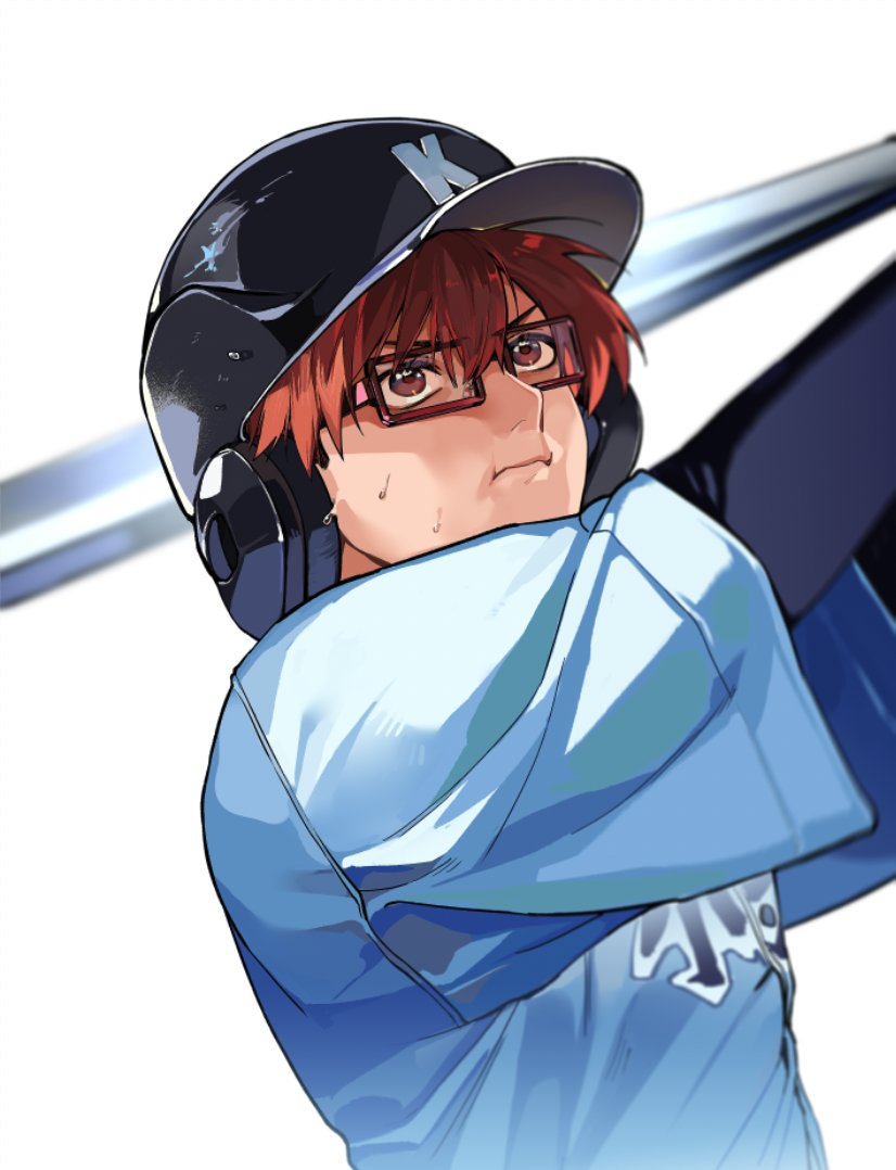 1boy, 999993nine, baseball, baseball_bat, baseball_helmet, baseball_uniform, black-framed_eyewear, boukyaku_battery