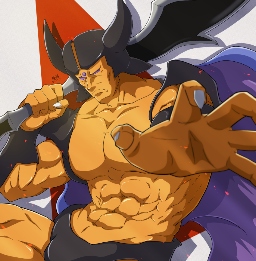 1boy, abs, bara, black_male_underwear, bulge, cape, colored_sclera, dhuran_(dq6), dragon_quest, dragon_quest_vi, fake_horns, forehead_jewel, grey_nails, helmet, highres, holding, holding_sword, holding_weapon, horned_helmet, horns, large_pectorals, male_underwear, muscular, muscular_male, pectorals, purple_sclera, sword, underwear, weapon, zeff_ozaki