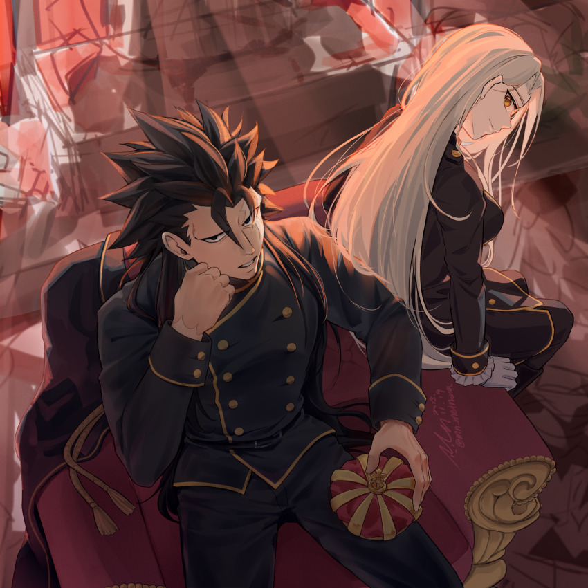 armchair, artist_name, black_cape, black_hair, black_pants, black_shirt, blonde_hair, blue_eyes