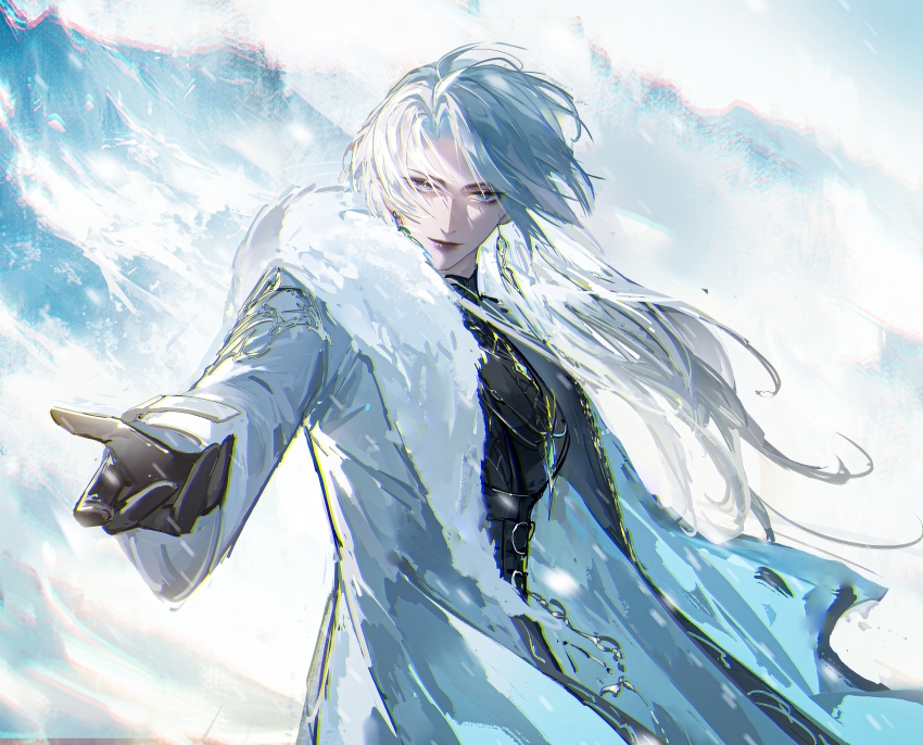 1girl, absurdres, alternate_costume, black_gloves, blue_eyes, chromatic_aberration, coat, commentary