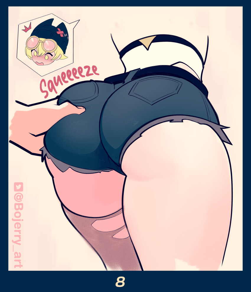 1girl, absurdres, ass, ass_focus, blonde_hair, blush, bojerry_art, cameltoe, deep_skin, embarrassed, from_behind, genshin_impact, goggles, goggles_on_head, grabbing_another's_ass, green_eyes, groping, hat, highres, jahoda_(genshin_impact), open_mouth, short_hair, short_shorts, shorts, single_thighhigh, solo, thighhighs