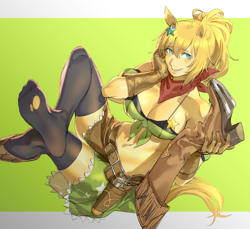 1girl, absurdres, bandana, belt, bikini, bikini_under_clothes, blue_eyes, blush