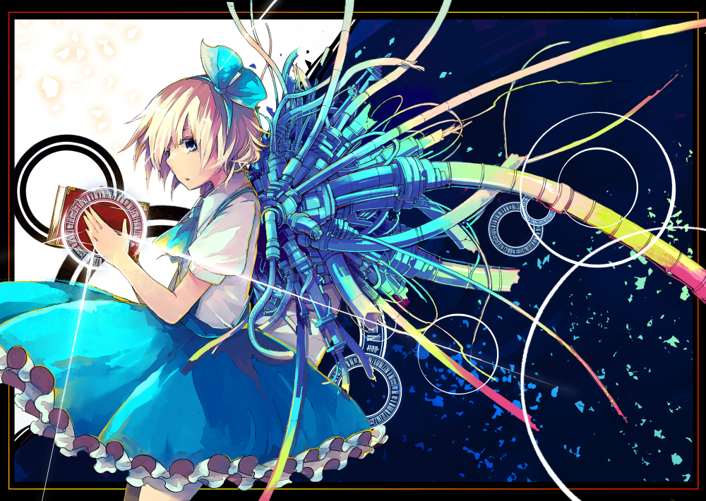 1girl, alice_margatroid, alice_margatroid_(pc-98), blonde_hair, book, border, bow, dress, female_focus, hair_bow, industrial_pipe, magic_circle, mystic_square, robot, solo, tami_(nekoneto), touhou, touhou_(pc-98)