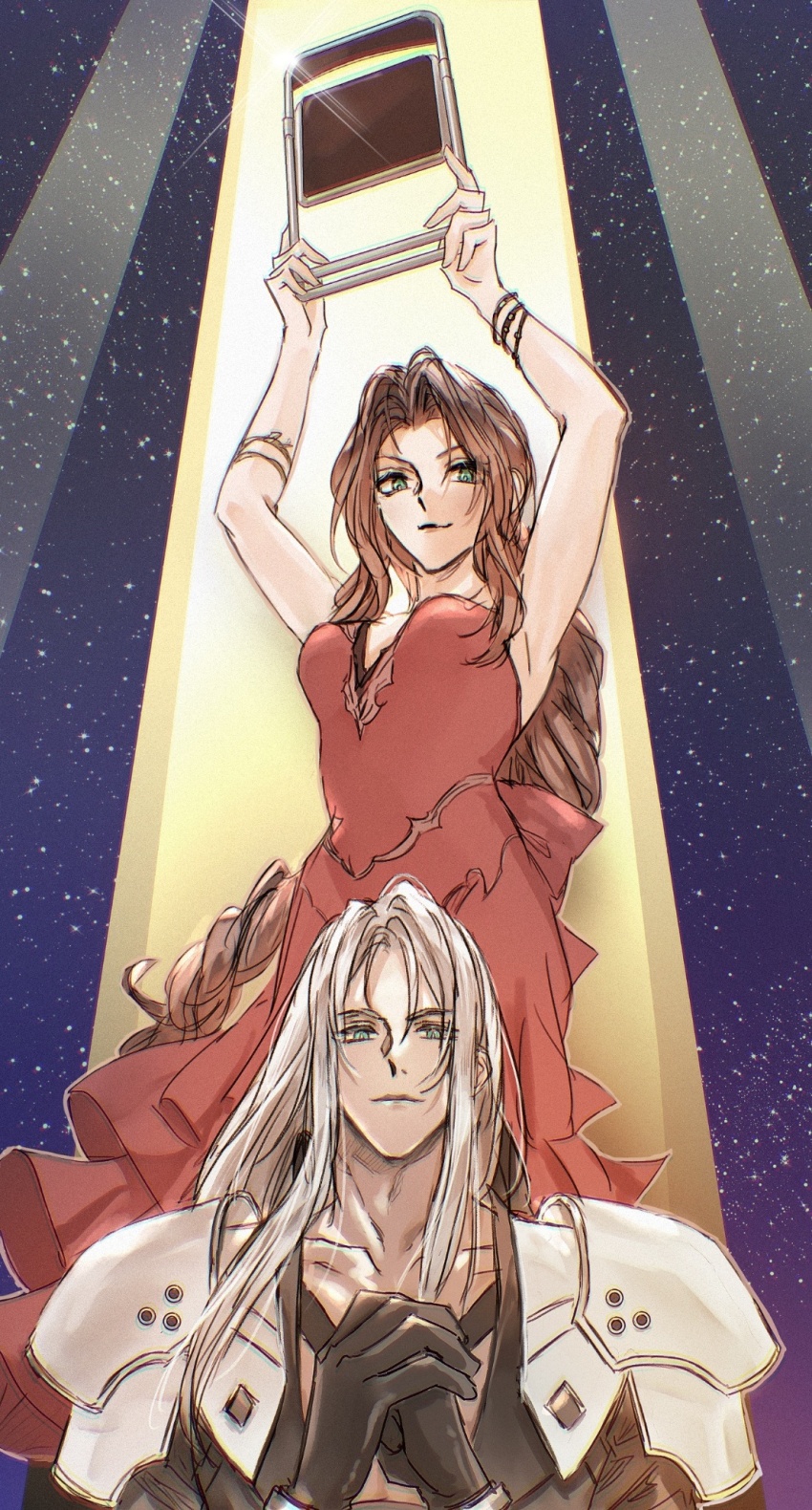 1boy, 1girl, advent-lezard, aerith_gainsborough, aerith_gainsborough_(red_dress), armlet, armor, arms_up