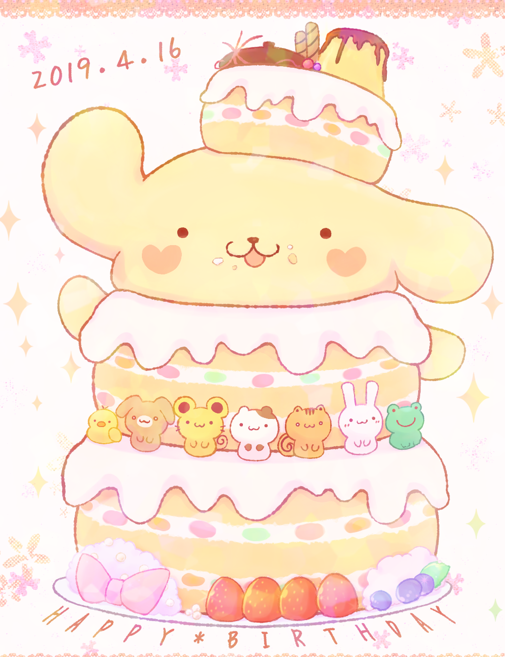 :3, bagel_(sanrio), birthday, birthday_cake, bow, cake, commentary_request, custard_(sanrio), dog, food, food_focus, foodification, frog, fruit, hamster, happy_birthday, highres, kekorin5, mint_(sanrio), mouse_(animal), no_humans, pompompurin, powder_(sanrio), pudding, rabbit, sanrio, scone_(sanrio), squirrel, strawberry, tart_(sanrio)