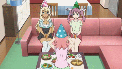 3girls, alternate_legwear, animal_ears, animated, animated_gif, aqua_eyes, blonde_hair, blush