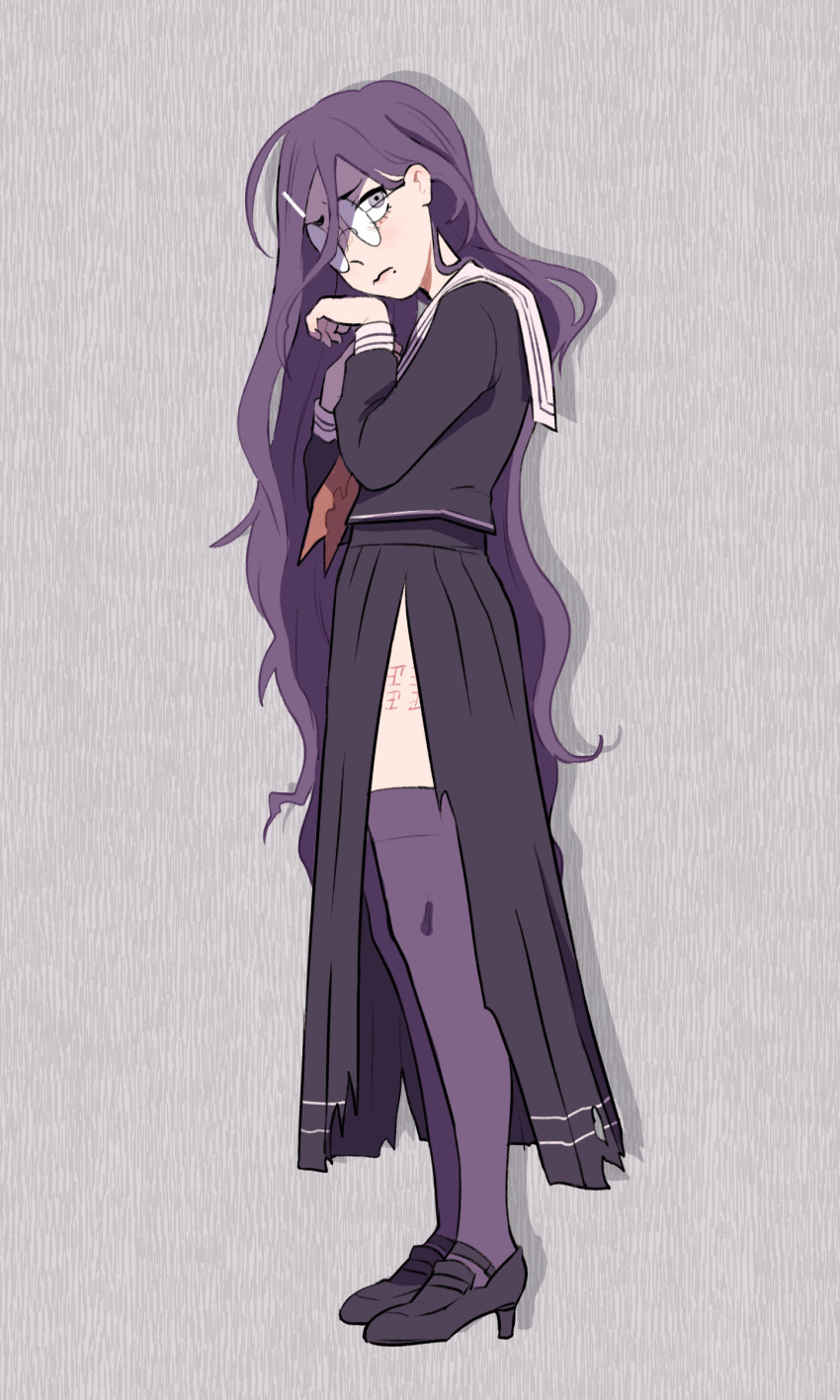 1girl, absurdres, black_serafuku, black_shirt, black_shoes, black_skirt, blush, closed_mouth, collared_shirt, commentary, danganronpa_(series), danganronpa_another_episode:_ultra_despair_girls, doubledeluxxe, drop_shadow, english_commentary, eyelashes, fukawa_toko, full_body, glasses, grey_background, hair_between_eyes, hair_ornament, hairclip, high_heels, highres, long_hair, long_skirt, long_sleeves, messy_hair, mole, mole_under_mouth, neckerchief, purple_eyes, purple_hair, purple_thighhighs, red_neckerchief, round_eyewear, sailor_collar, scar, scar_on_leg, school_uniform, serafuku, shirt, shoes, skirt, skirt_set, solo, standing, tally, thighhighs, torn_clothes, torn_skirt, very_long_hair, white_sailor_collar