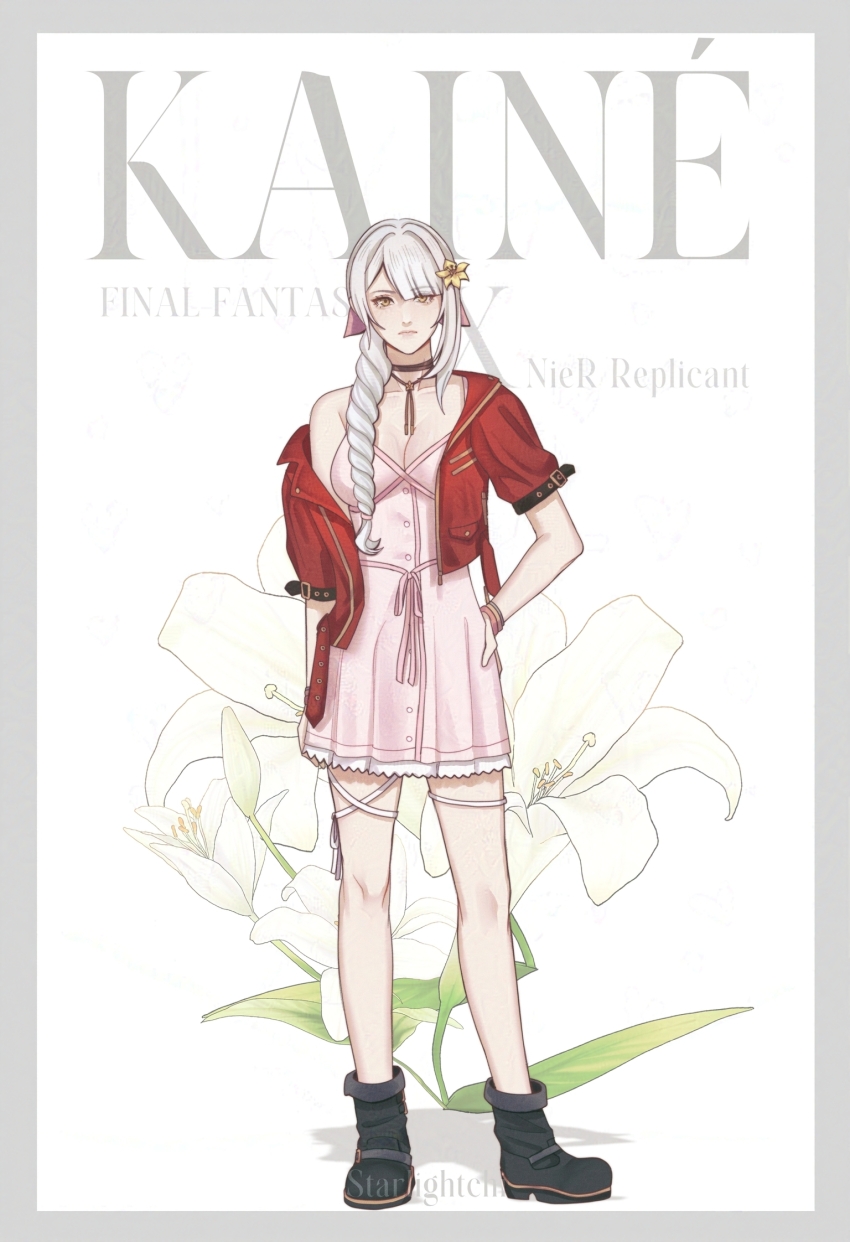 1girl, aerith_gainsborough, aerith_gainsborough_(cosplay), artist_name, bangle, black_boots, boots, border, bracelet, braid, braided_ponytail, breasts, brown_eyes, character_name, choker, cleavage, closed_mouth, copyright_name, cosplay, cropped_jacket, dress, final_fantasy, floral_background, flower, flower_choker, full_body, grey-haired_cat_girl_(kotatsu-mazoku), grey_border, hair_between_eyes, hair_flower, hair_ornament, hair_over_shoulder, hair_ribbon, hand_on_own_hip, highres, jacket, jacket_partially_removed, jewelry, kaine_(nier), large_breasts, lily_(flower), long_hair, nier_(series), pink_dress, pink_ribbon, red_jacket, ribbon, short_dress, single_bare_shoulder, single_braid, solo, standing, starlightchi, yellow_flower