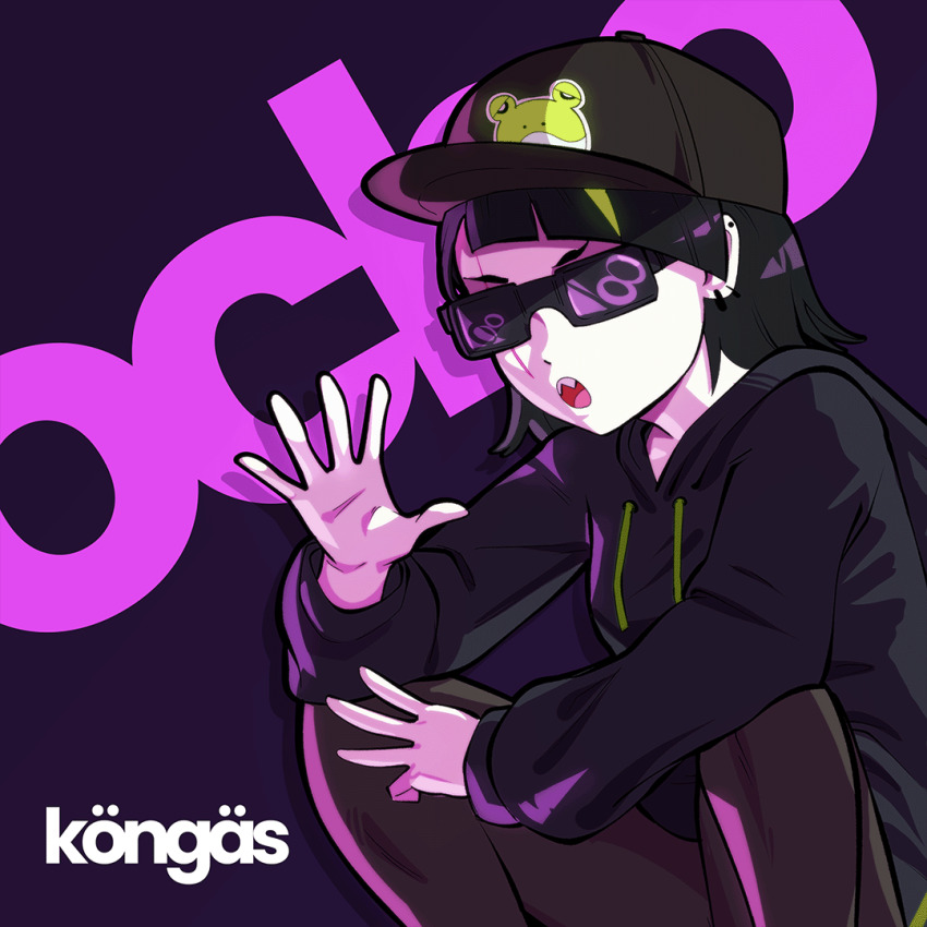 :o, album_cover, alternate_costume, animal_print, baseball_cap, black-framed_eyewear, black_hair, black_hoodie